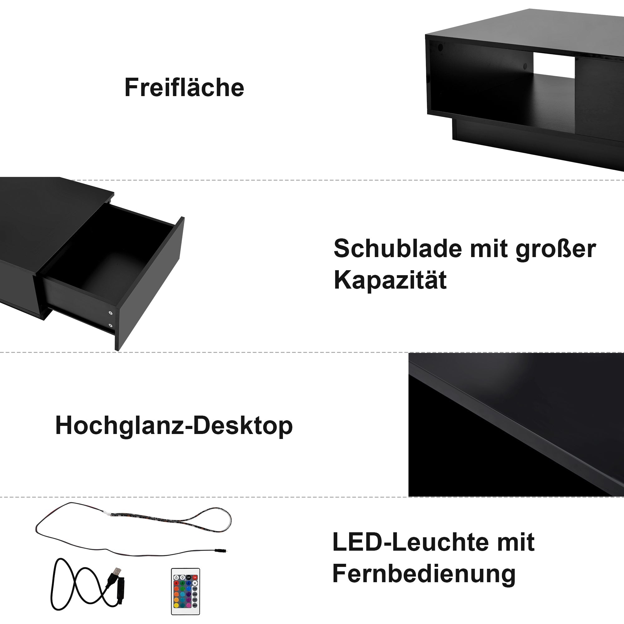 Logidon salontafel hoogglans zwart LED verlichting 15 kleuren 95x55x32