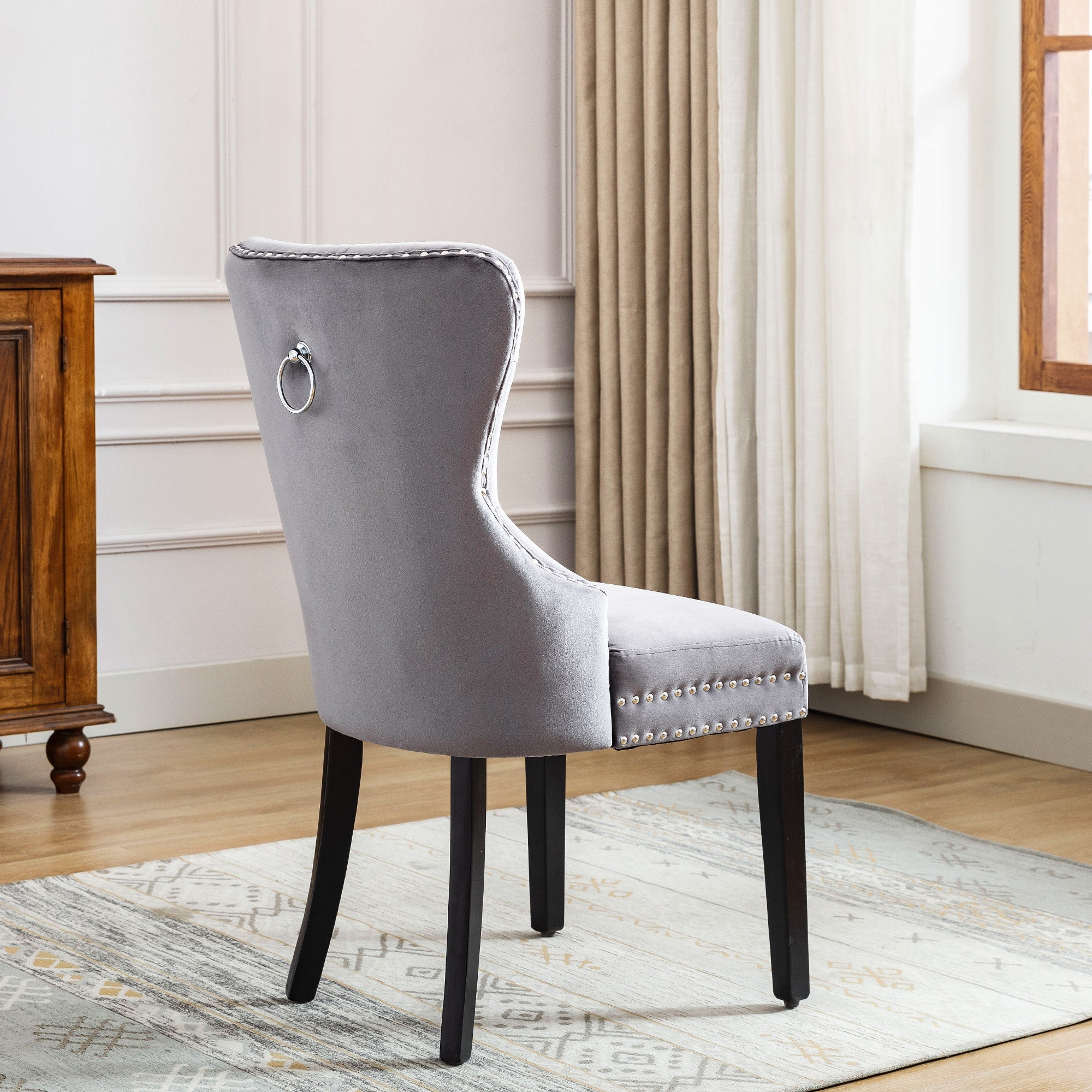 Logidon Velvet Dining Chairs Set of 2 Gray with Oak Legs Button
