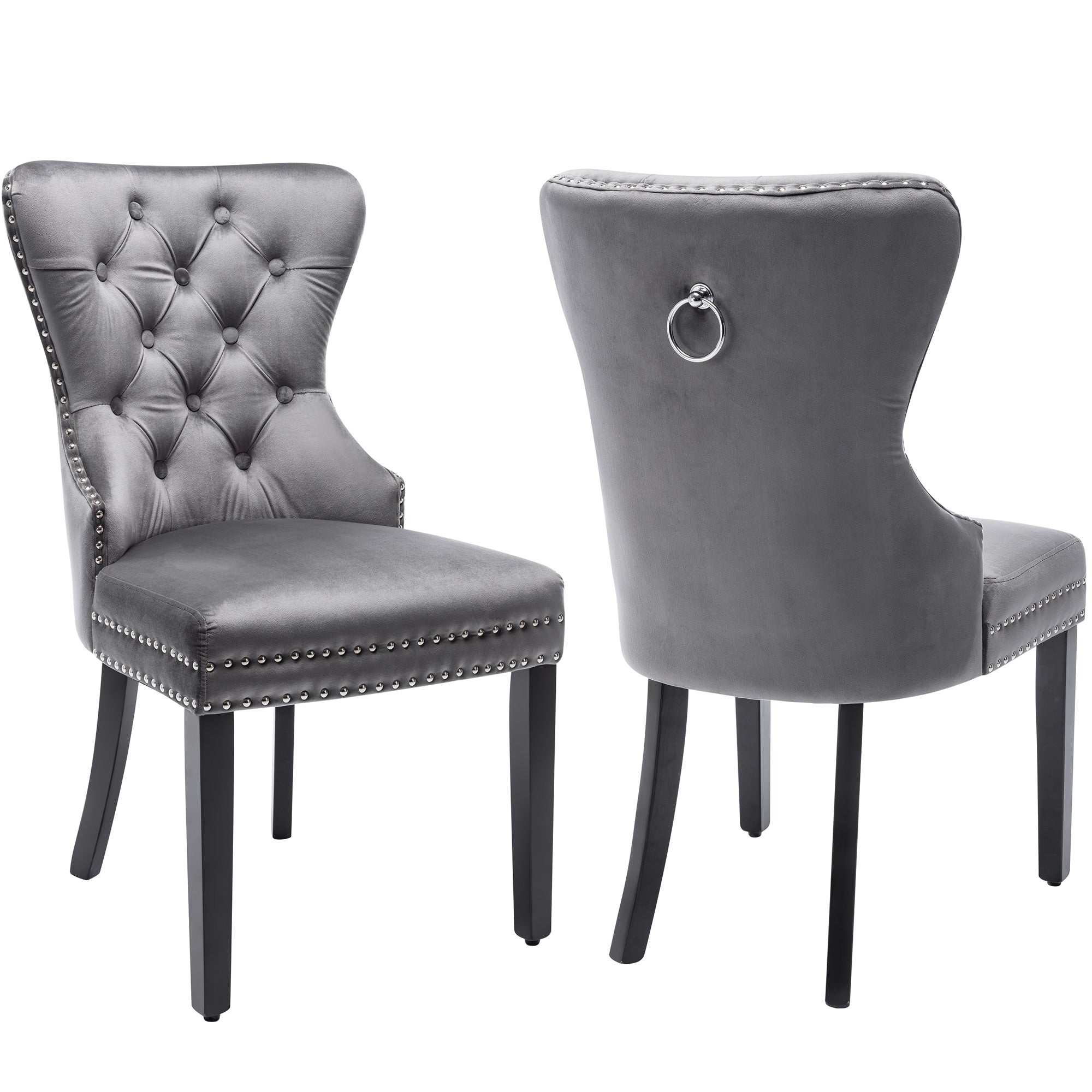 Logidon Velvet Dining Chairs Set of 2 Gray with Oak Legs Button