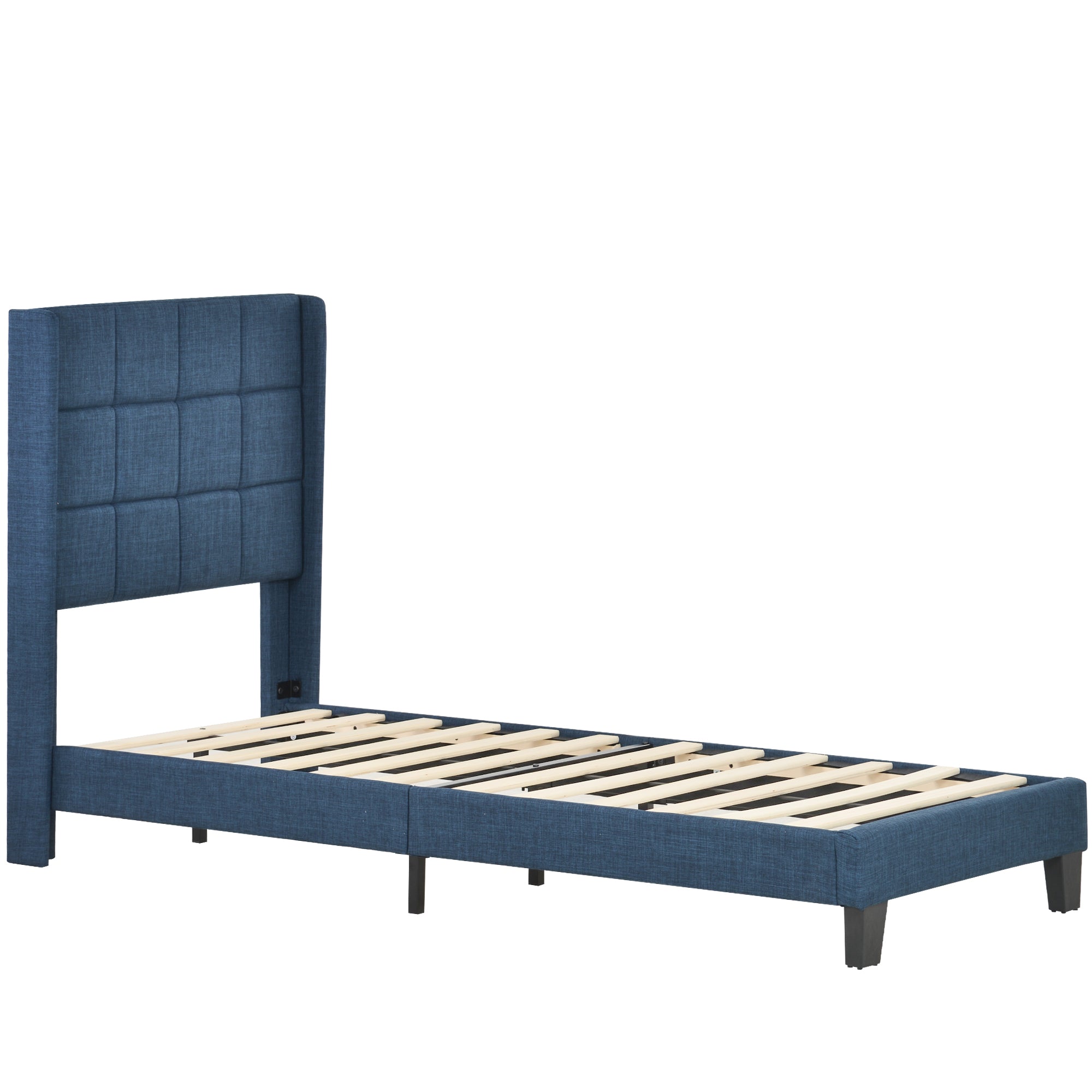 Logidon gestoffeerd bed blauw linnen 90x200 cm met binnenveringsmatras