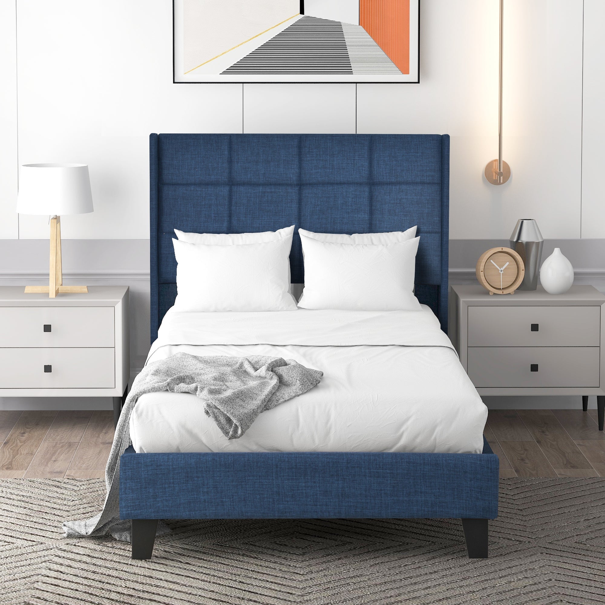 Logidon gestoffeerd bed blauw linnen 90x200 cm met binnenveringsmatras
