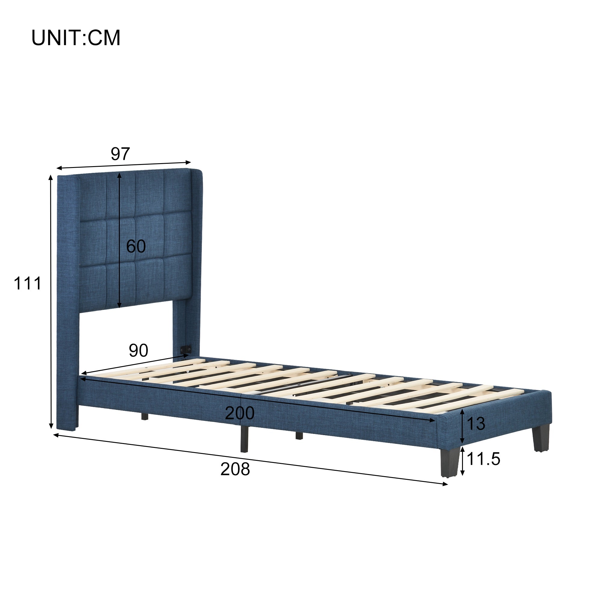 Logidon gestoffeerd bed blauw linnen 90x200 cm met binnenveringsmatras