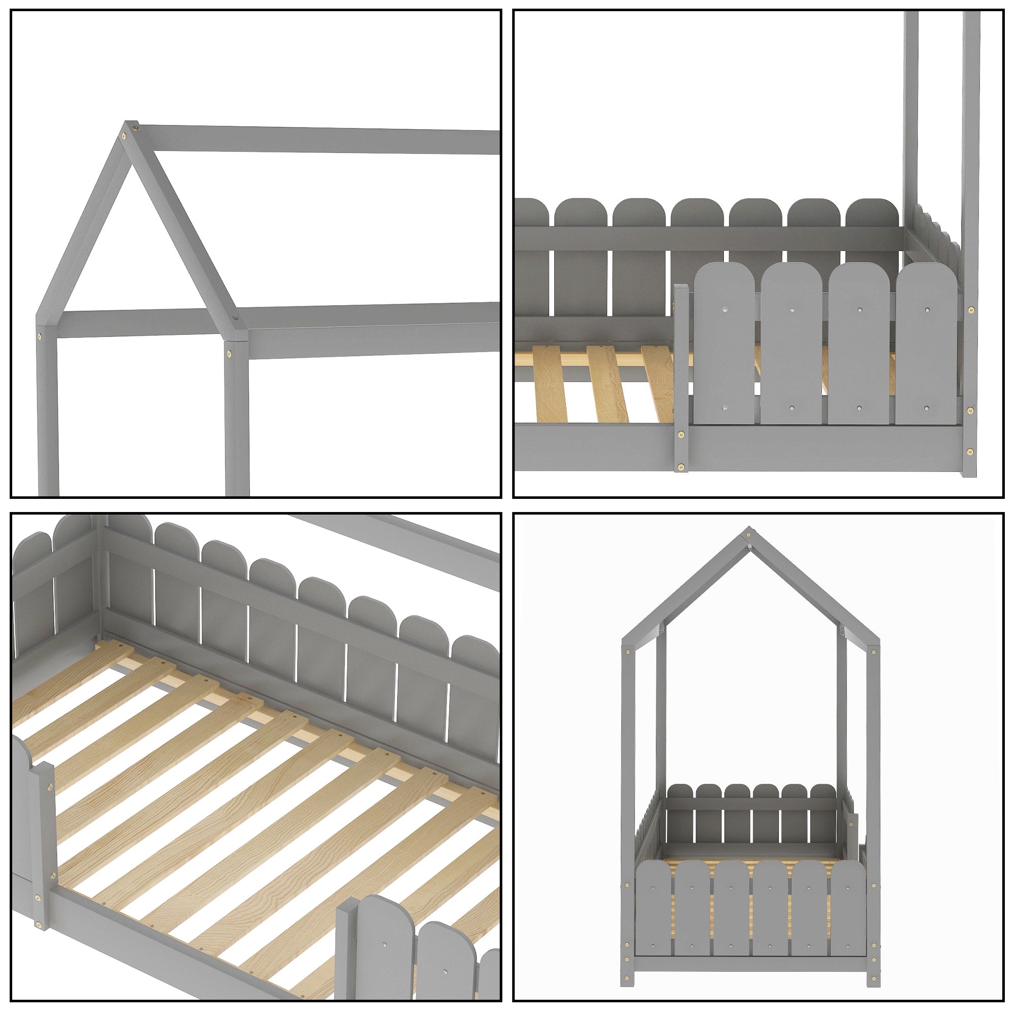Logidon huisbed 90x200 cm grijs veelzijdig houten kinderbed met valbeveiliging