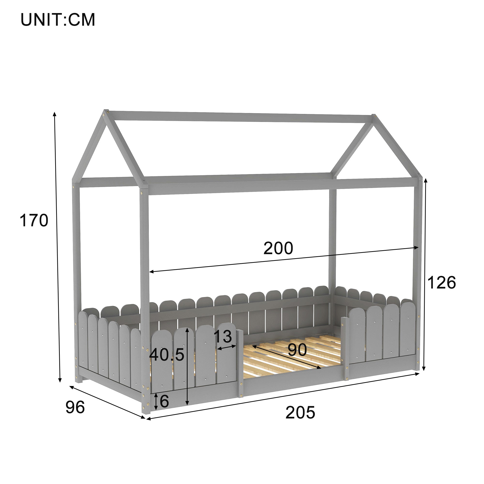 Logidon huisbed 90x200 cm grijs veelzijdig houten kinderbed met valbeveiliging