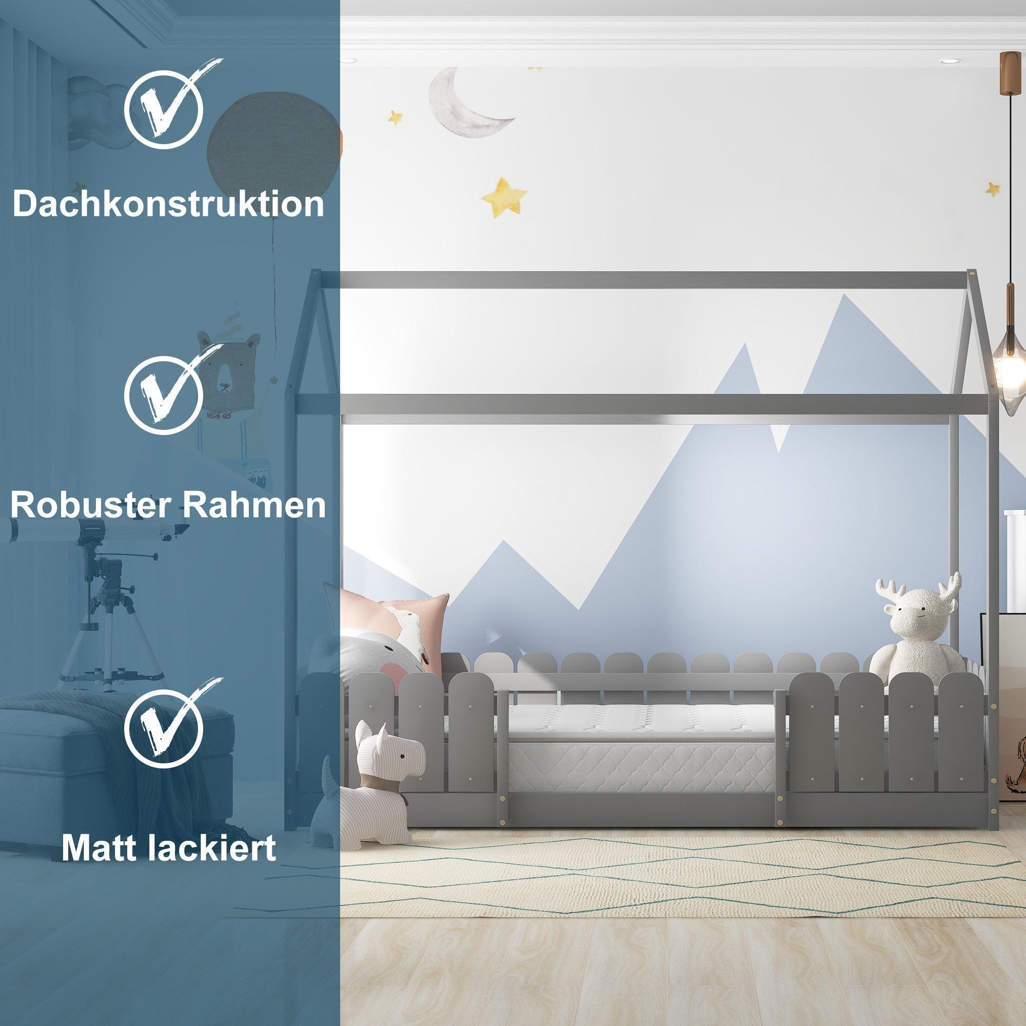 Logidon huisbed 90x200 cm grijs veelzijdig houten kinderbed met valbeveiliging
