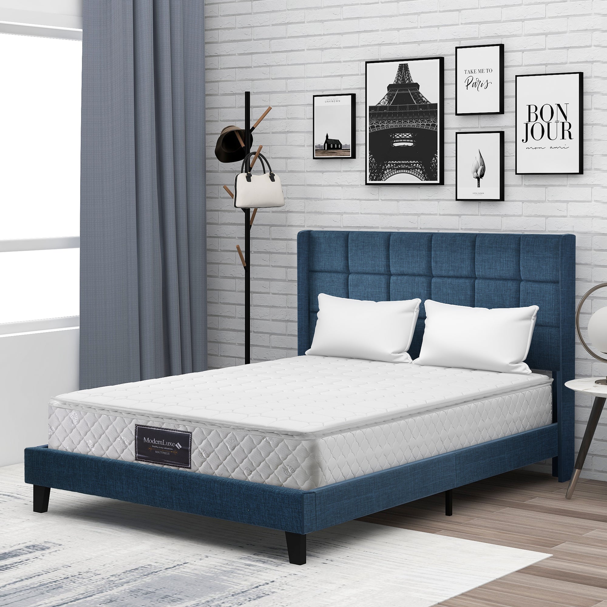 Logidon Upholstered Bed 140x200 Blue Linen With Cape Headboard