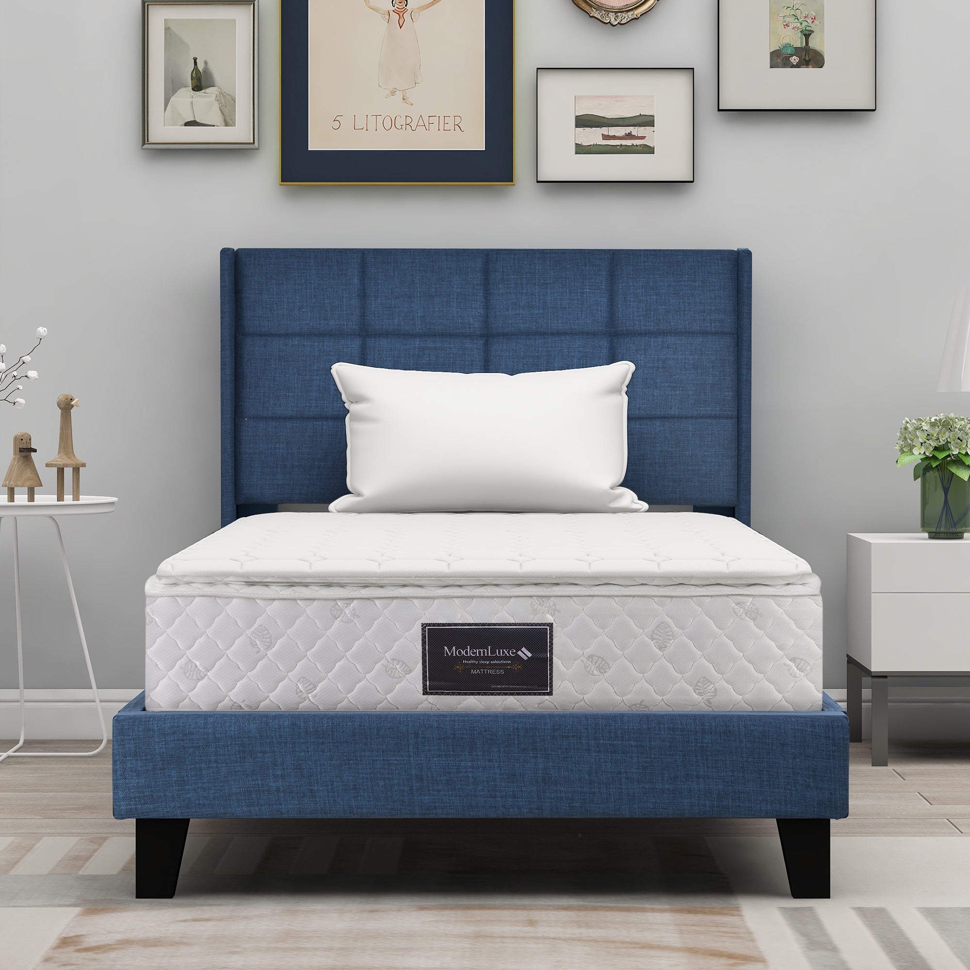 Logidon gestoffeerd bed blauw linnen 90x200 cm met binnenveringsmatras