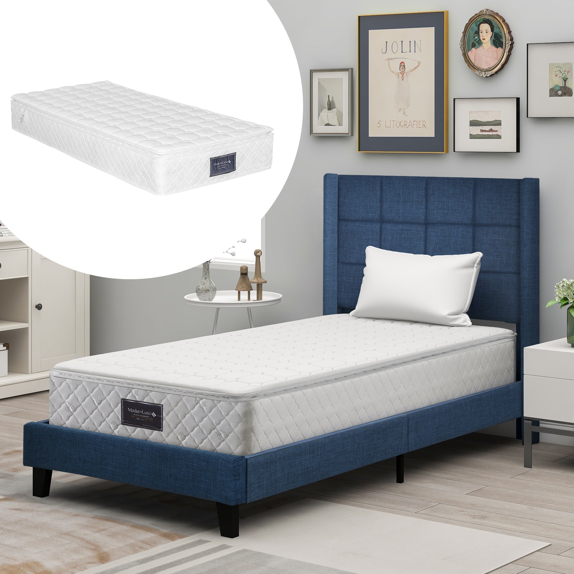 Logidon gestoffeerd bed blauw linnen 90x200 cm met binnenveringsmatras