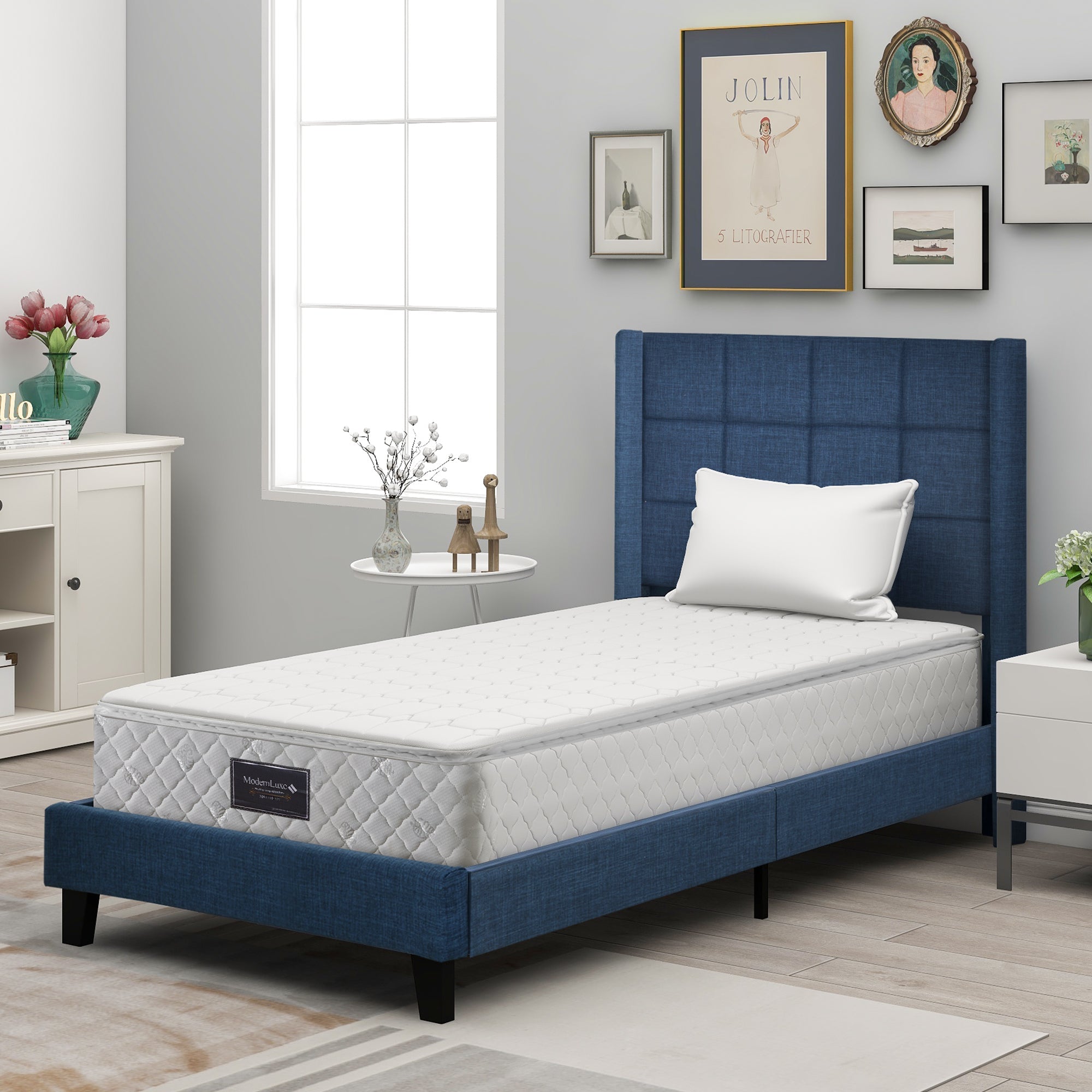 Logidon gestoffeerd bed blauw linnen 90x200 cm met binnenveringsmatras