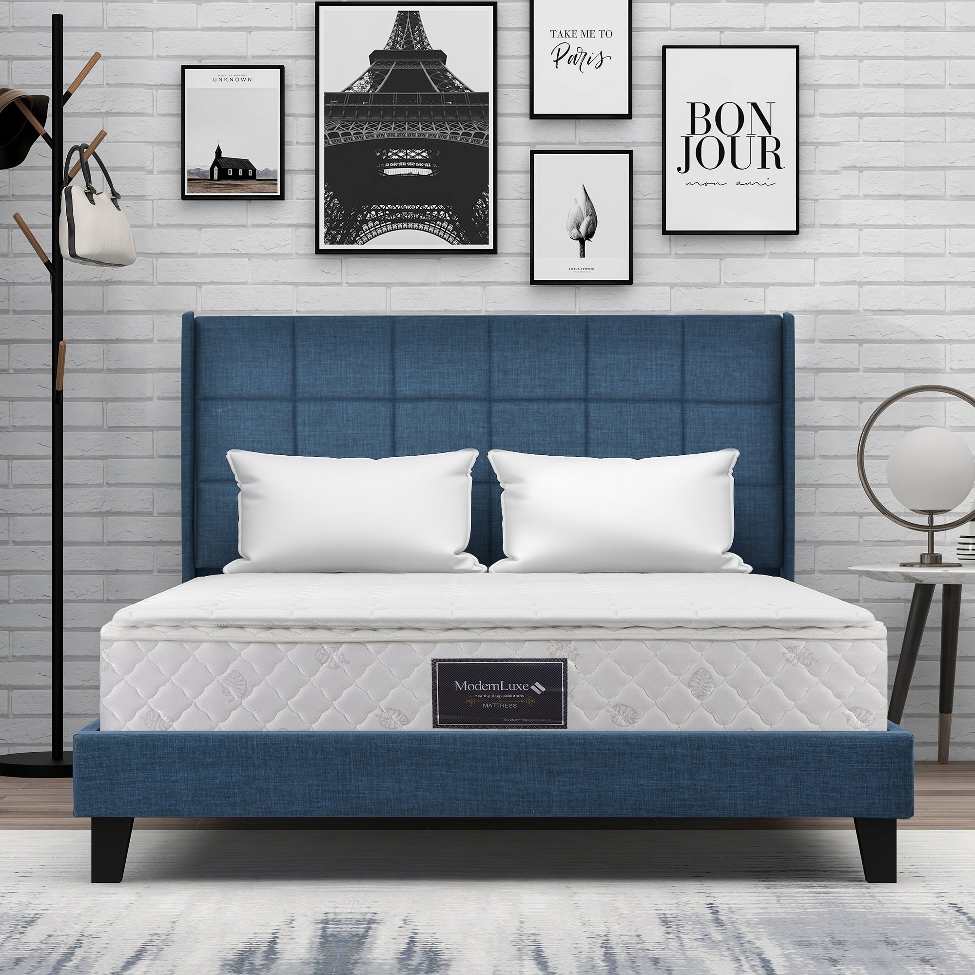 Logidon Upholstered Bed 140x200 Blue Linen With Cape Headboard