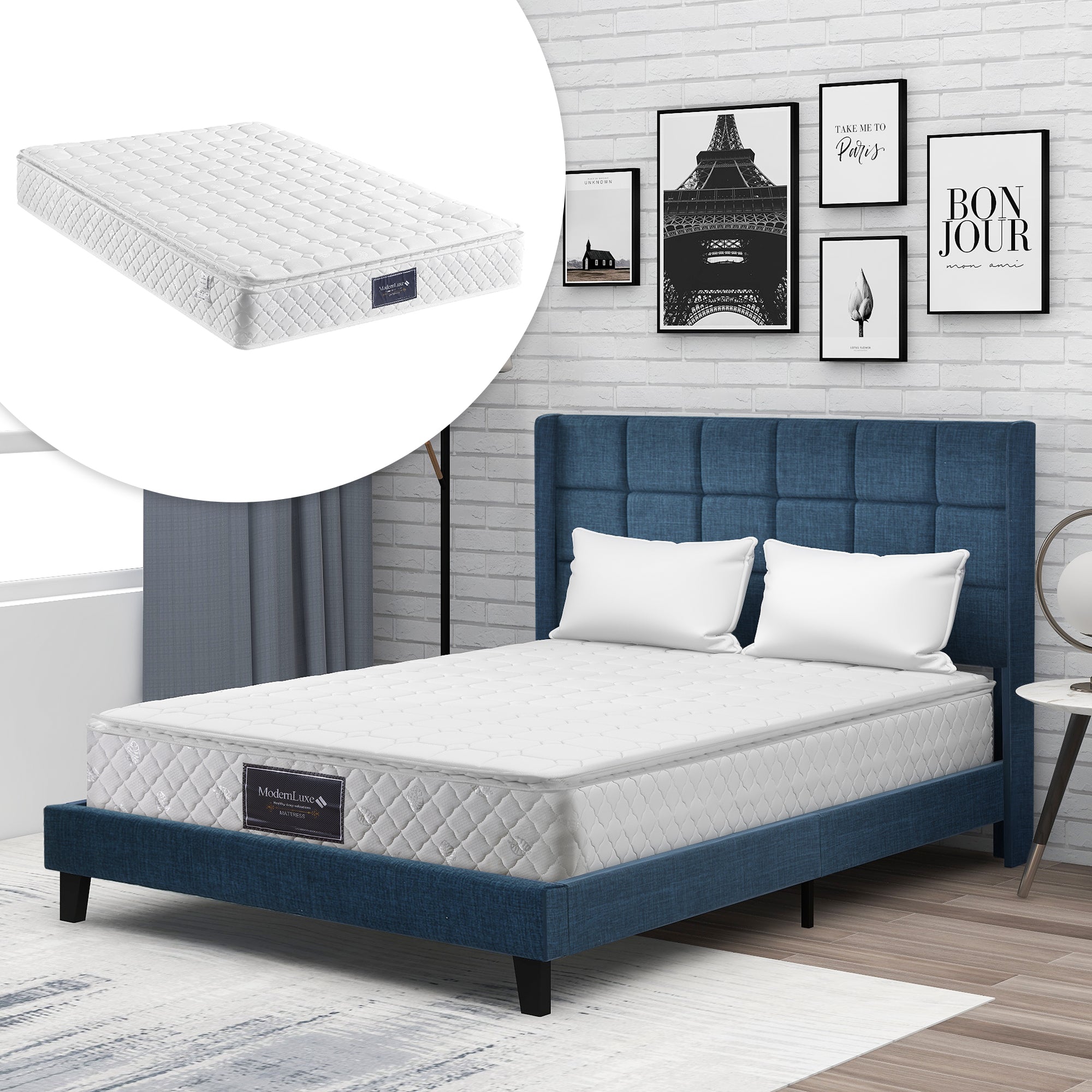 Logidon Upholstered Bed 140x200 Blue Linen With Cape Headboard