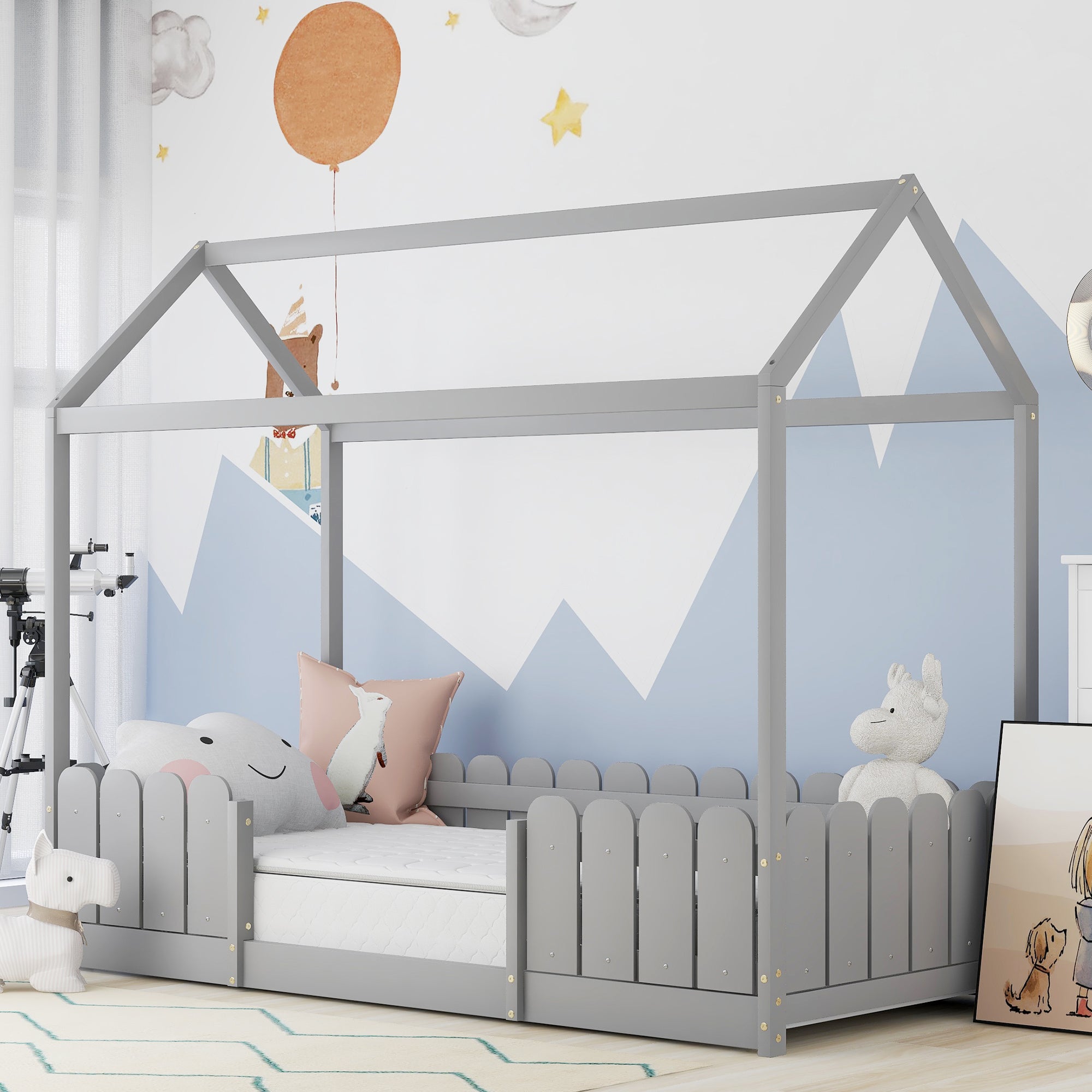Logidon huisbed 90x200 cm grijs veelzijdig houten kinderbed met valbeveiliging