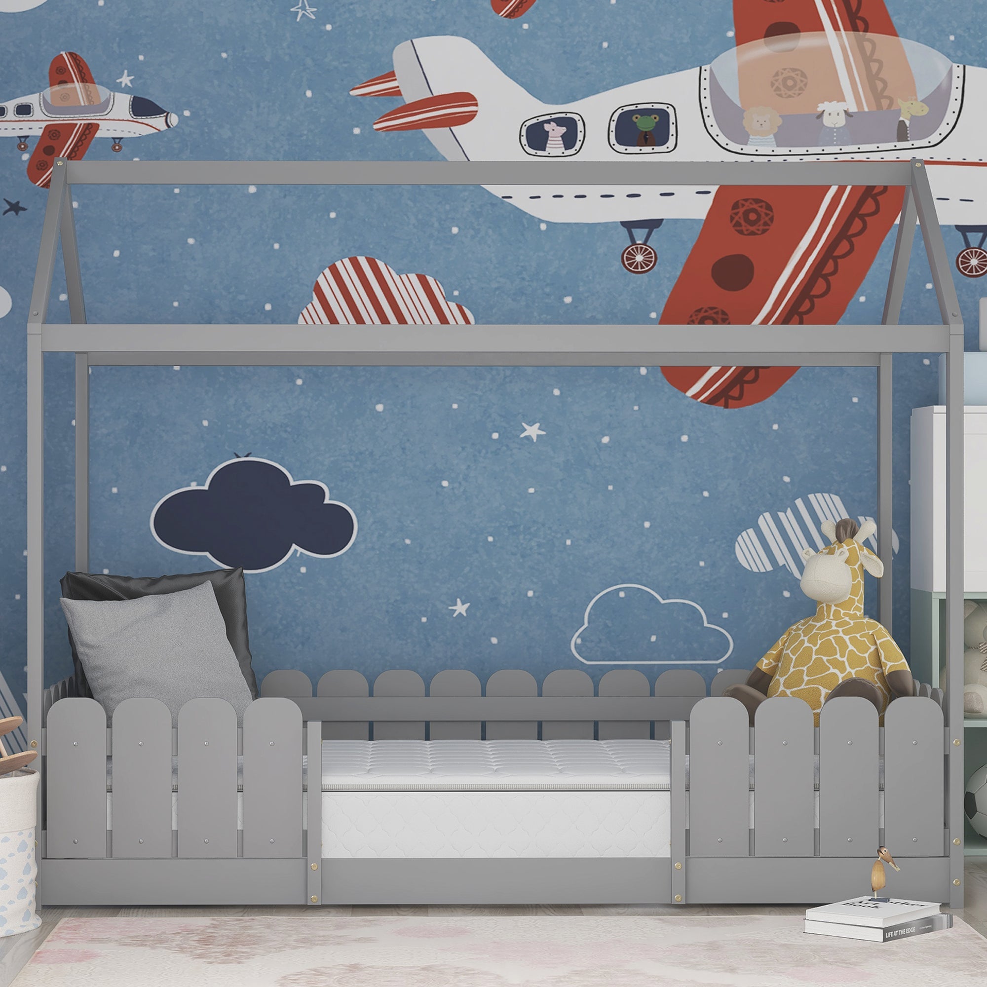Logidon huisbed 90x200 cm grijs veelzijdig houten kinderbed met valbeveiliging