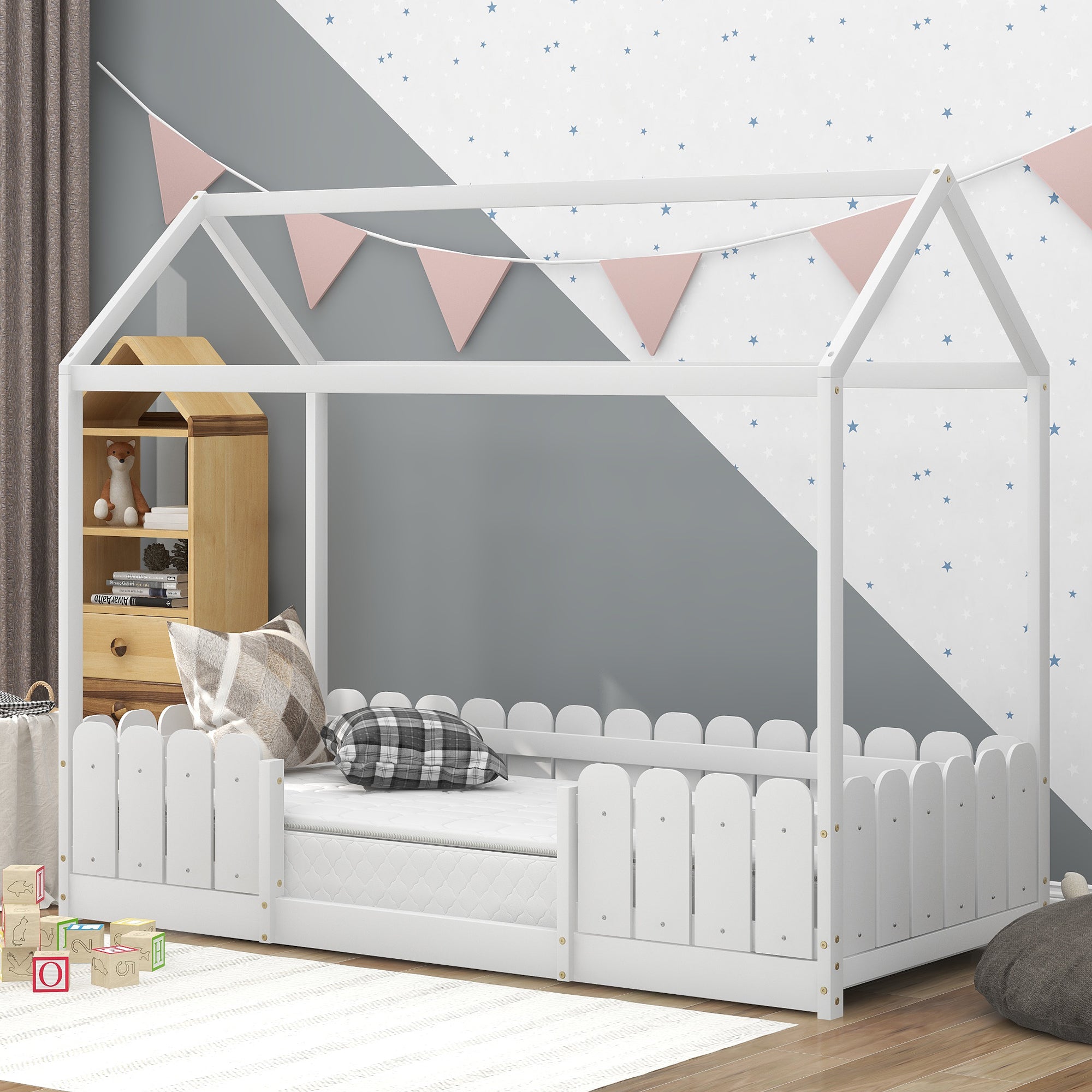 Logidon house bed 90x200 cm white with fall protection slatted frame