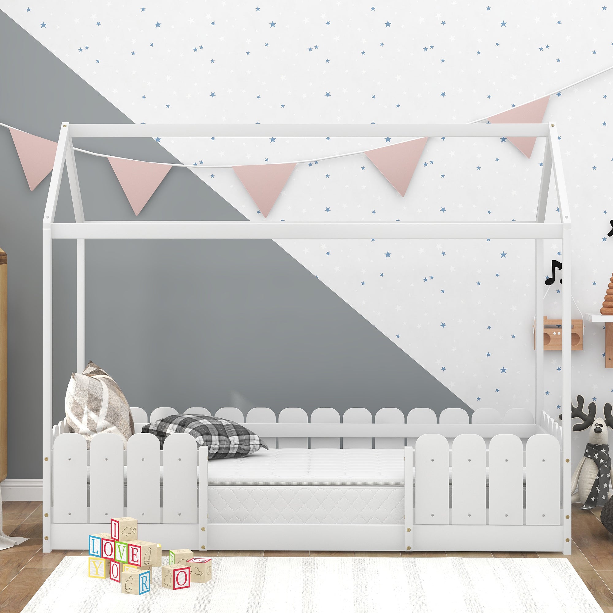 Logidon house bed 90x200 cm white with fall protection slatted frame