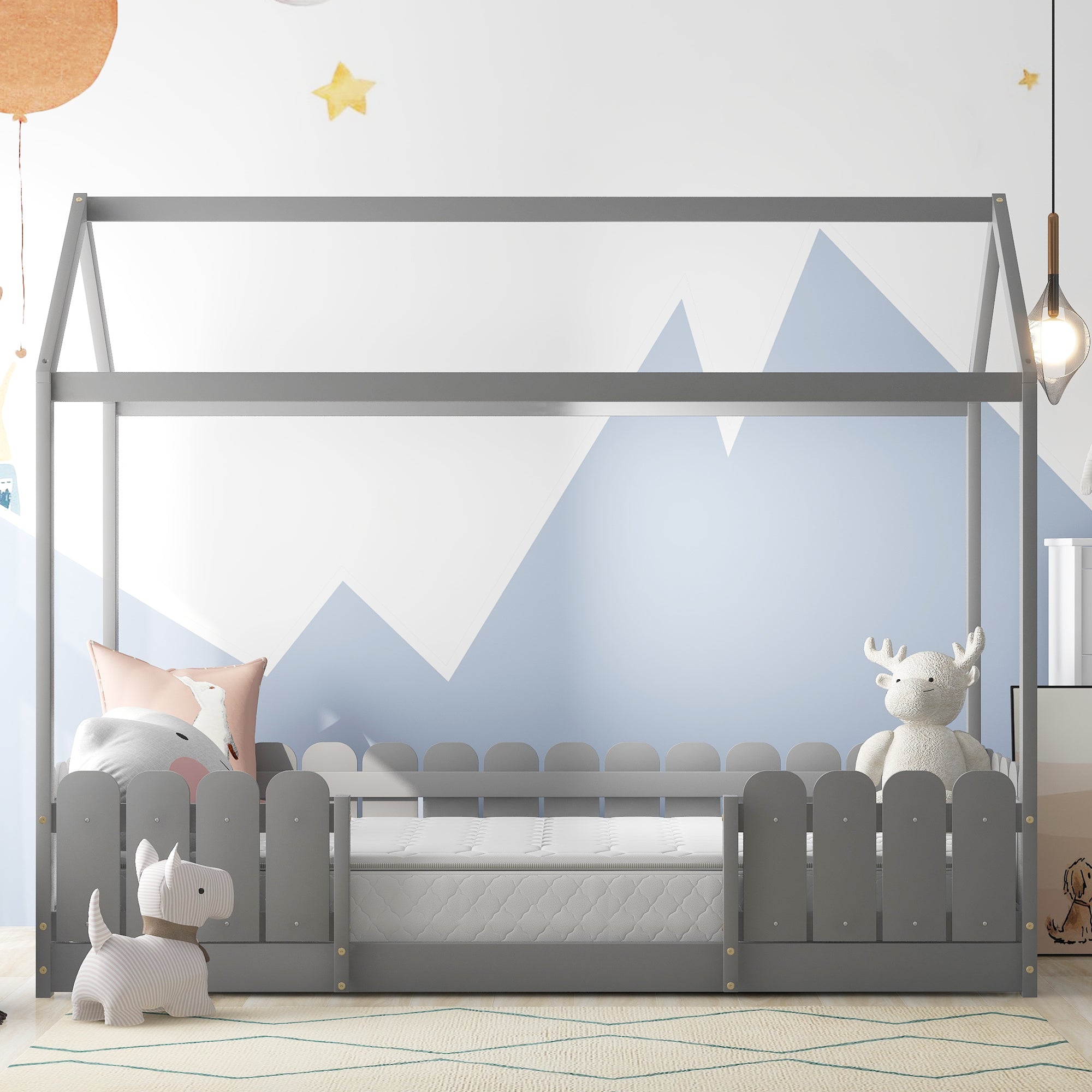 Logidon huisbed 90x200 cm grijs veelzijdig houten kinderbed met valbeveiliging