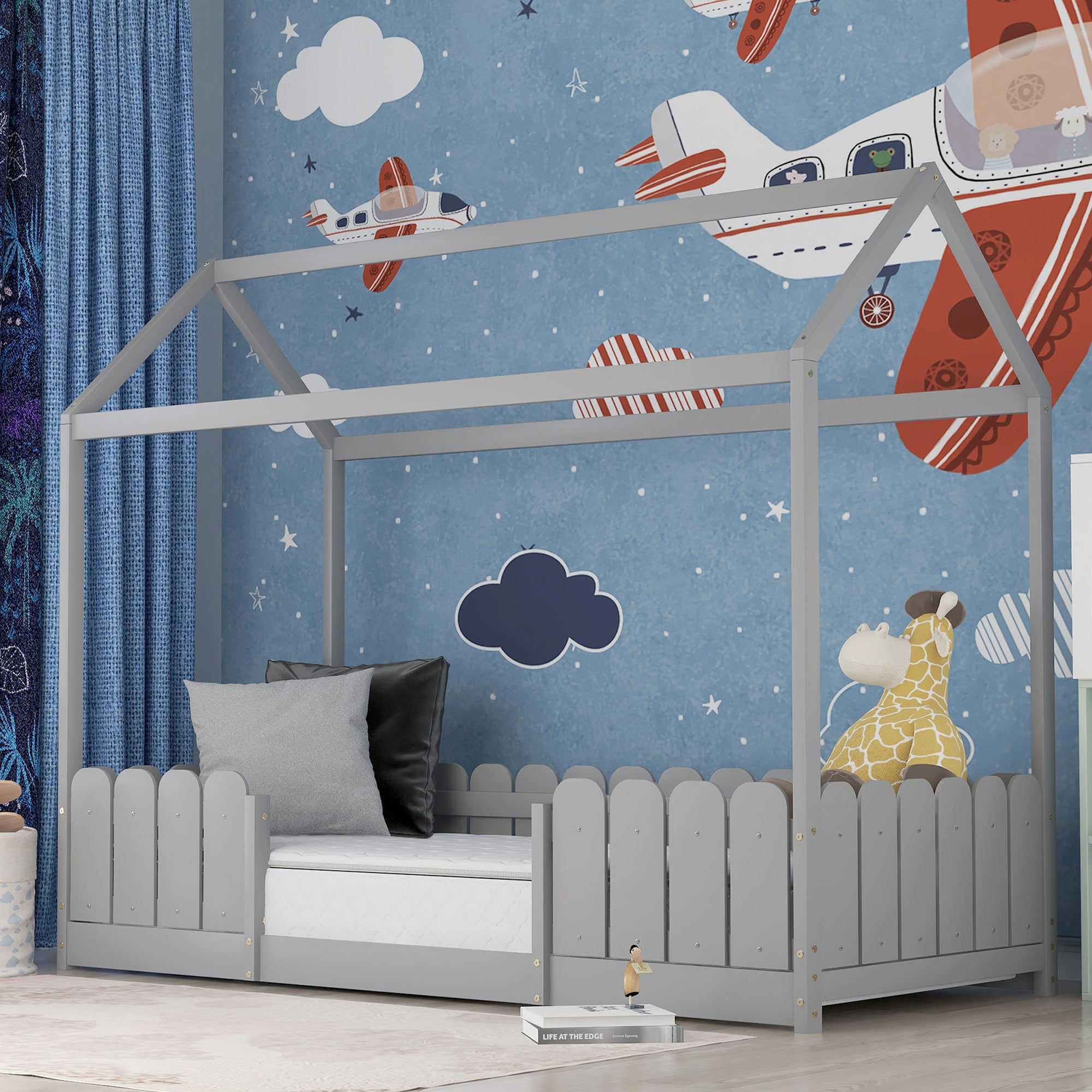 Logidon huisbed 90x200 cm grijs veelzijdig houten kinderbed met valbeveiliging