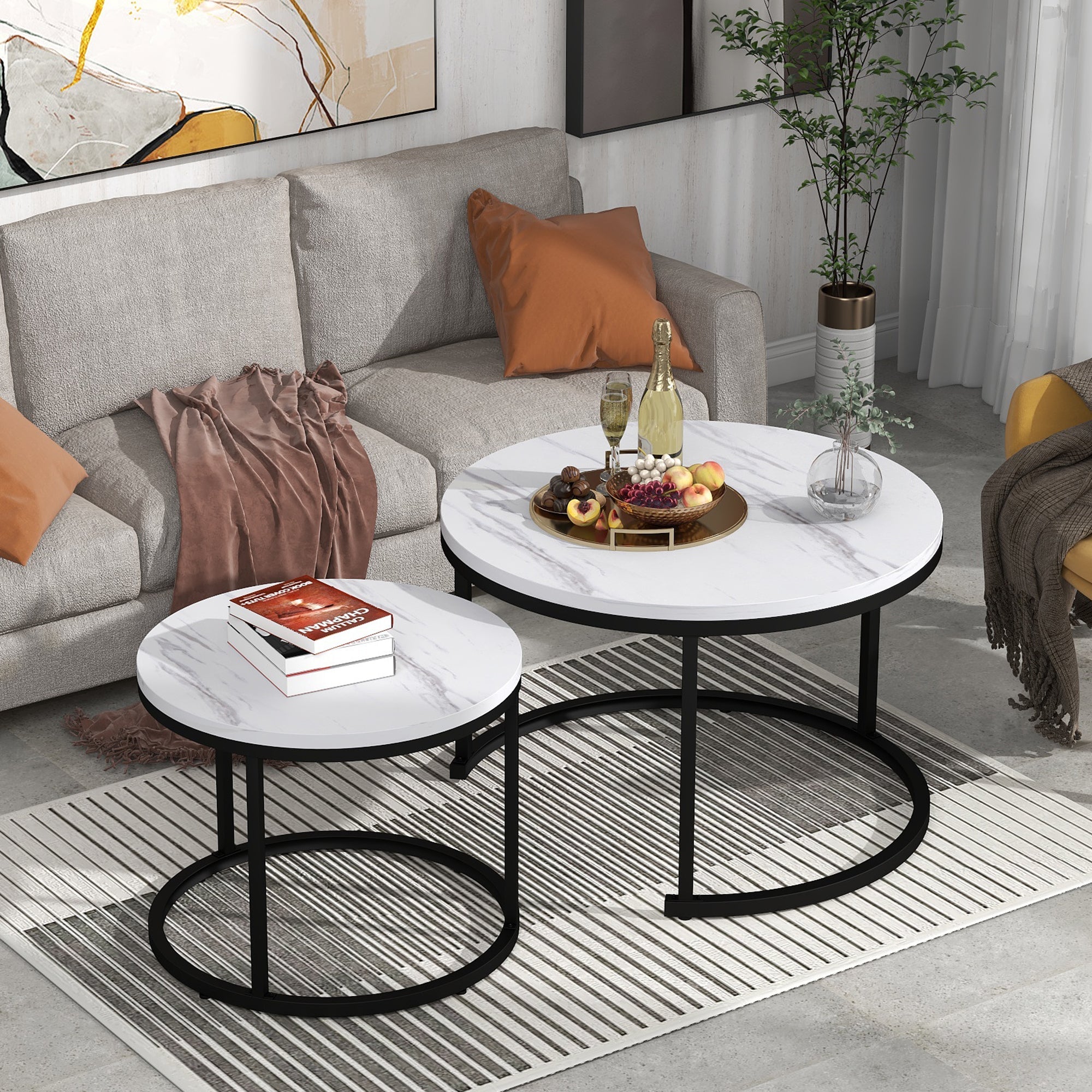 Logidon ronde salontafel set van 2 in wit marmerlook met metalen frame