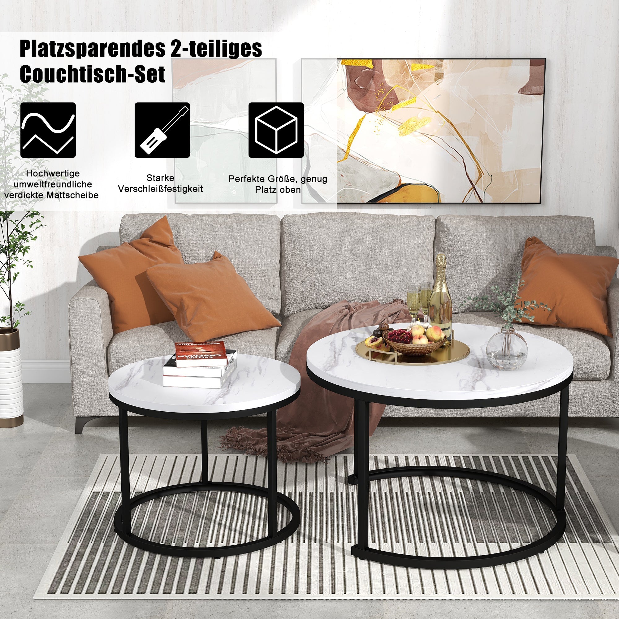 Logidon ronde salontafel set van 2 in wit marmerlook met metalen frame