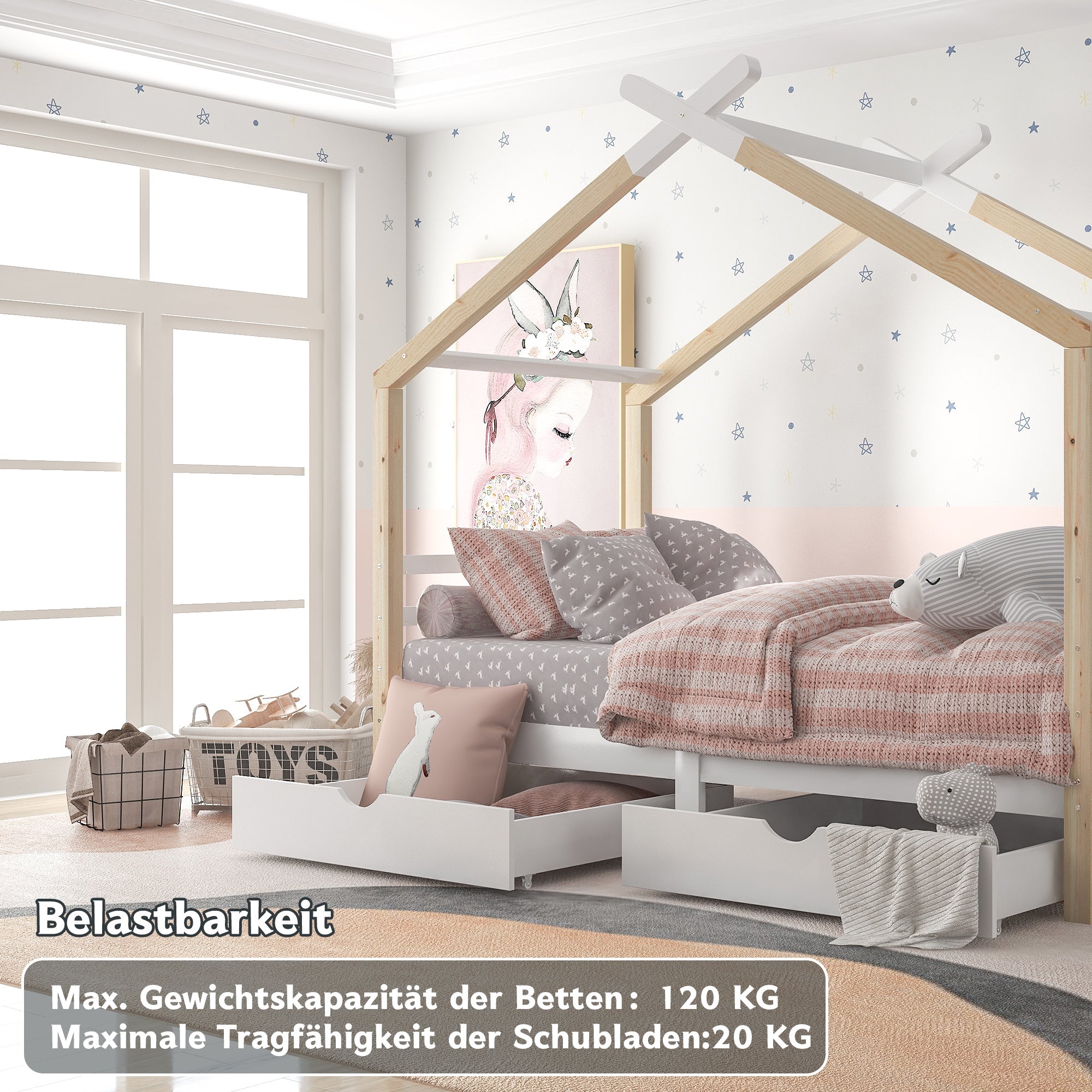 Logidon Kinderhuisbed 90x200 met lades Wit natuurlijk hout