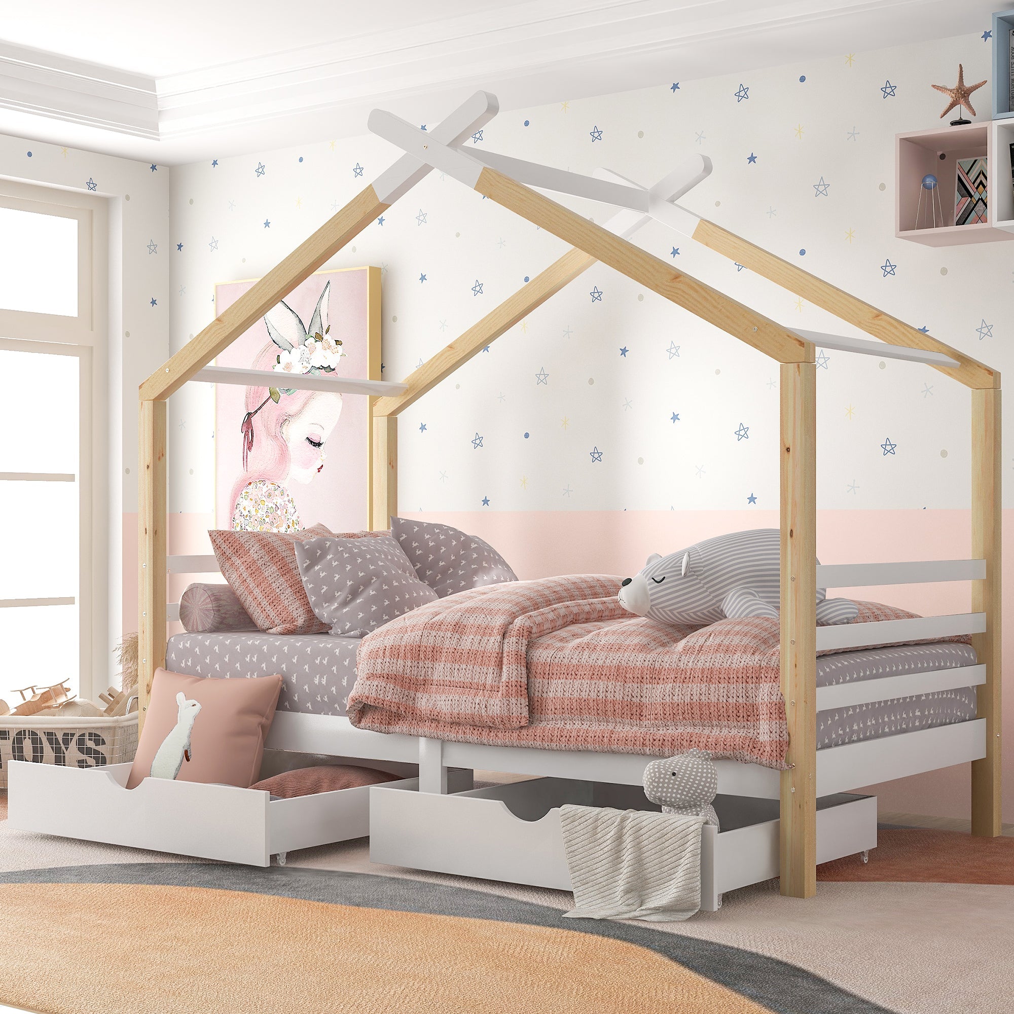 Logidon Kinderhuisbed 90x200 met lades Wit natuurlijk hout