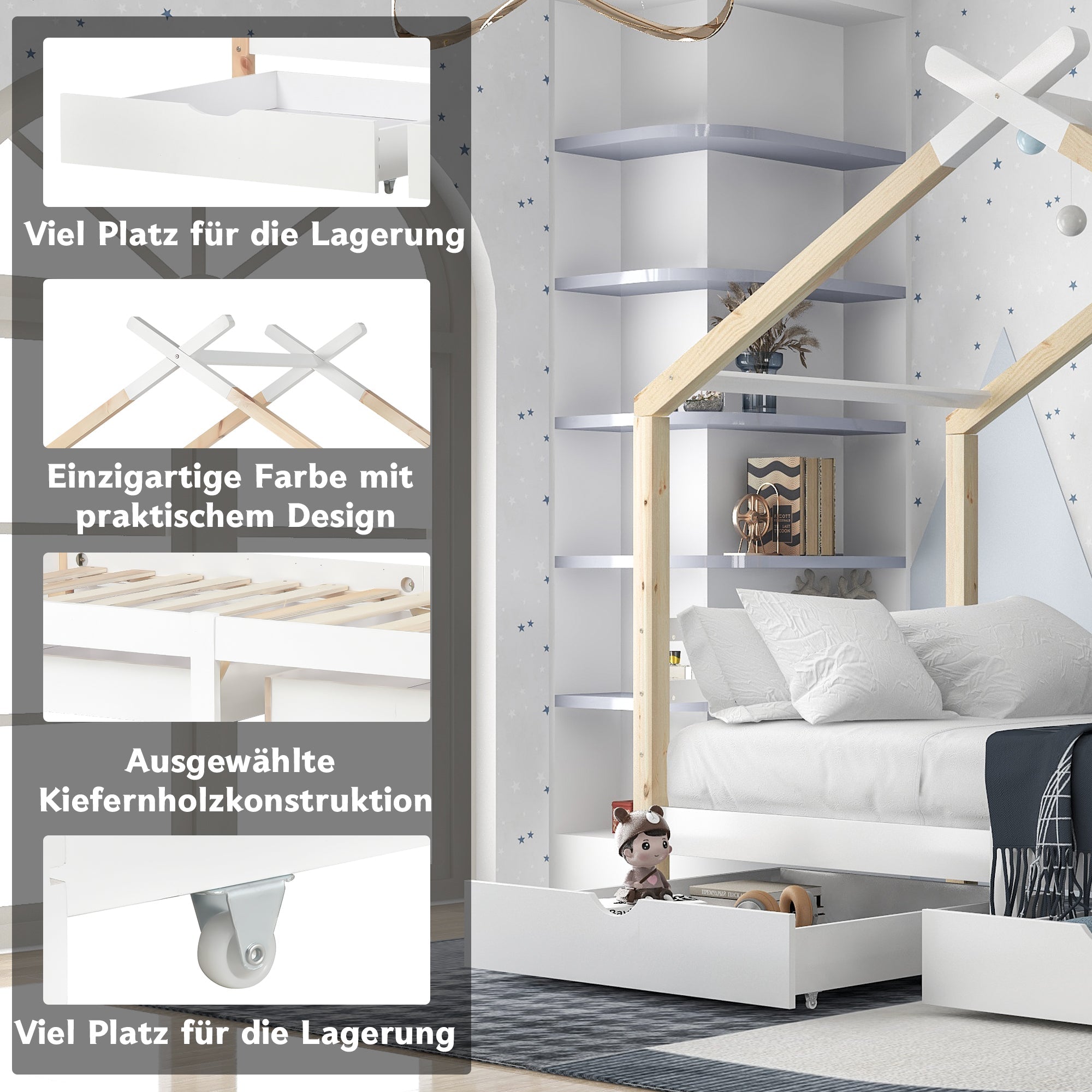 Logidon Kinderhuisbed 90x200 met lades Wit natuurlijk hout