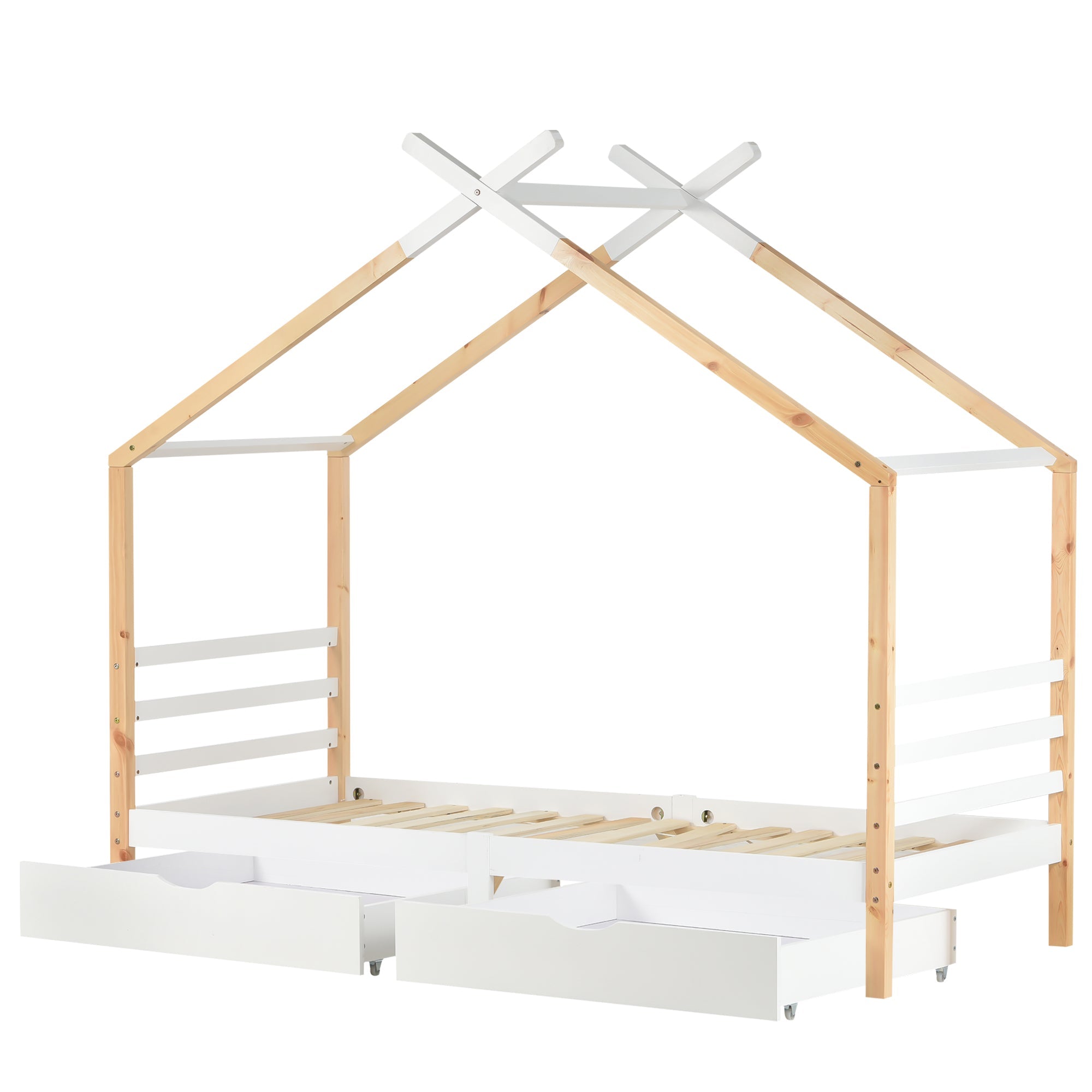 Logidon Kinderhuisbed 90x200 met lades Wit natuurlijk hout