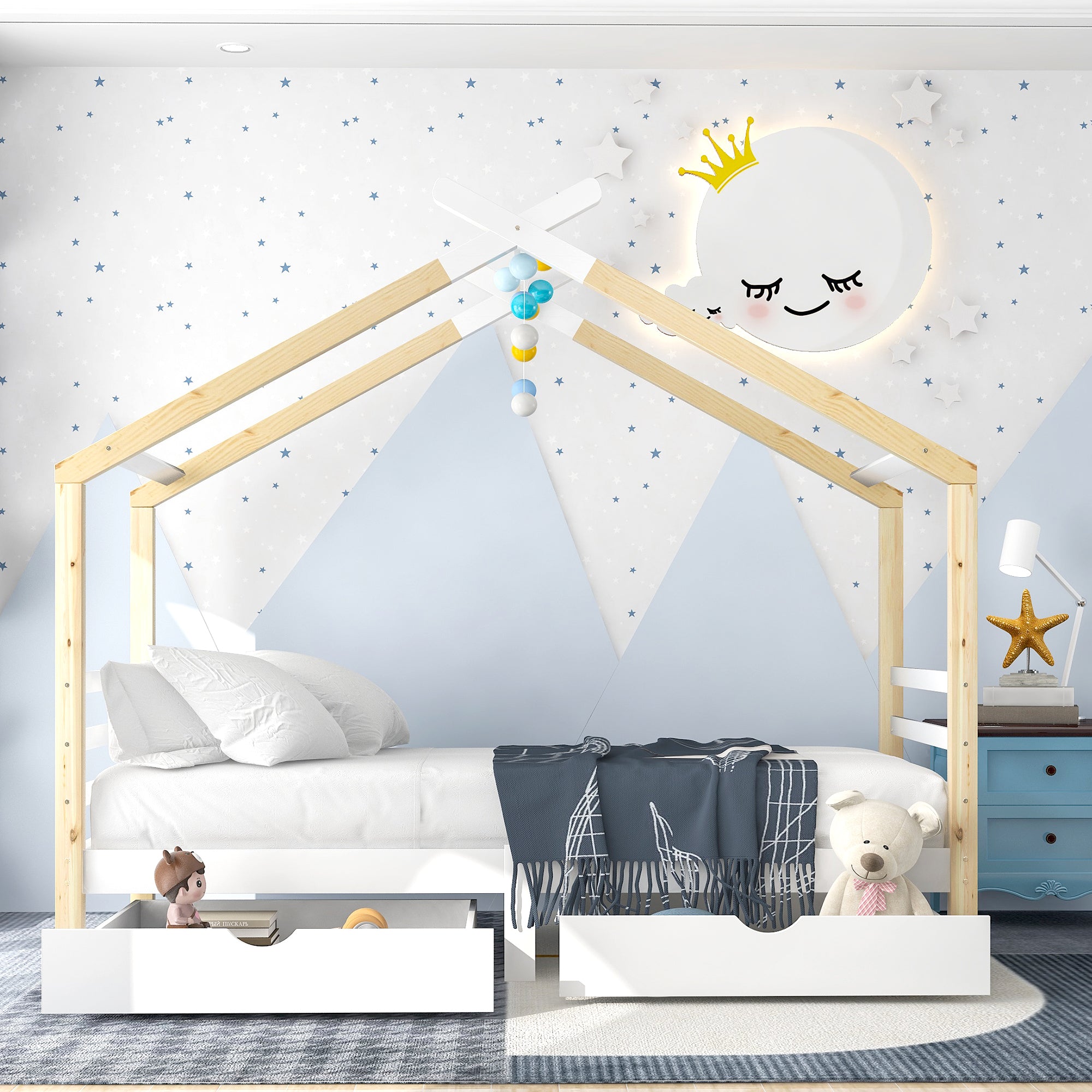 Logidon Kinderhuisbed 90x200 met lades Wit natuurlijk hout