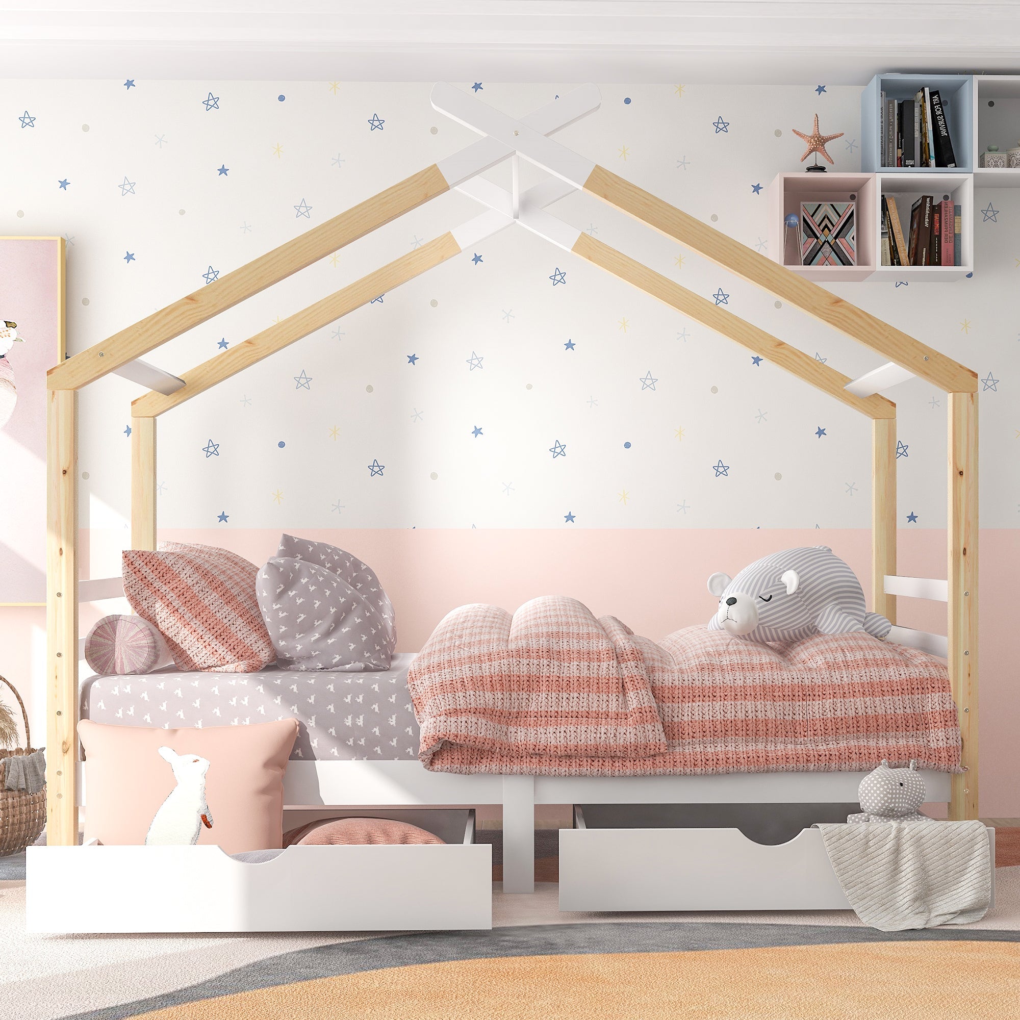 Logidon Kinderhuisbed 90x200 met lades Wit natuurlijk hout