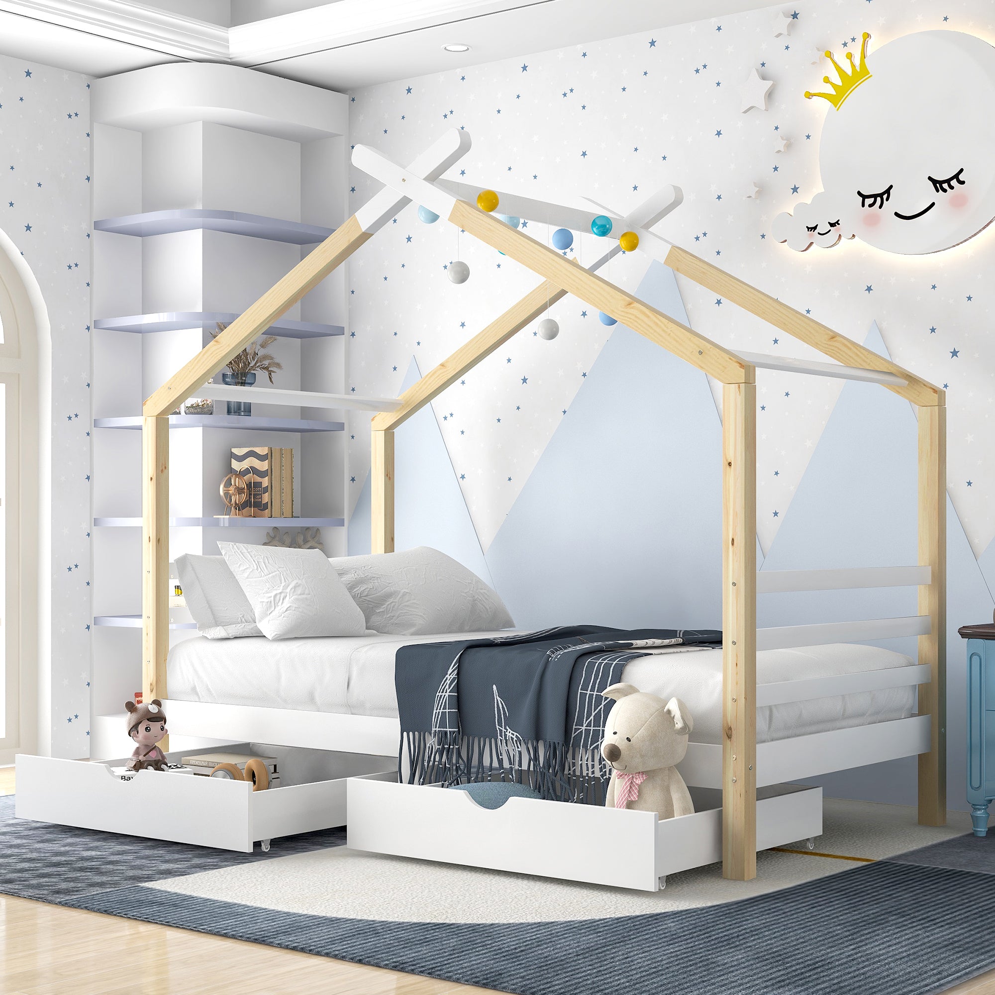 Logidon Kinderhuisbed 90x200 met lades Wit natuurlijk hout