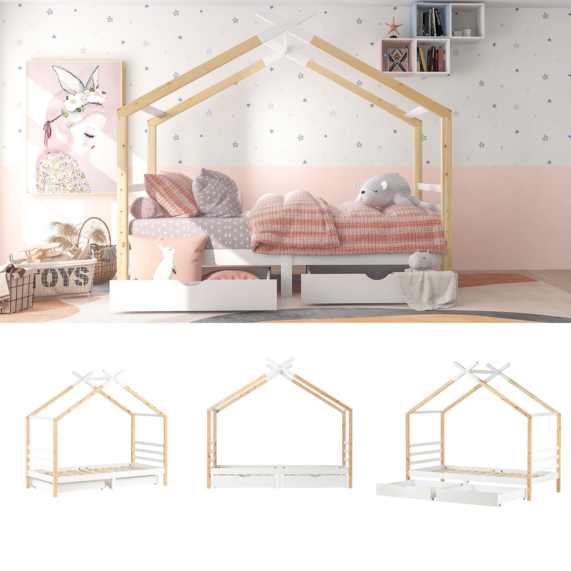 Logidon Kinderhuisbed 90x200 met lades Wit natuurlijk hout