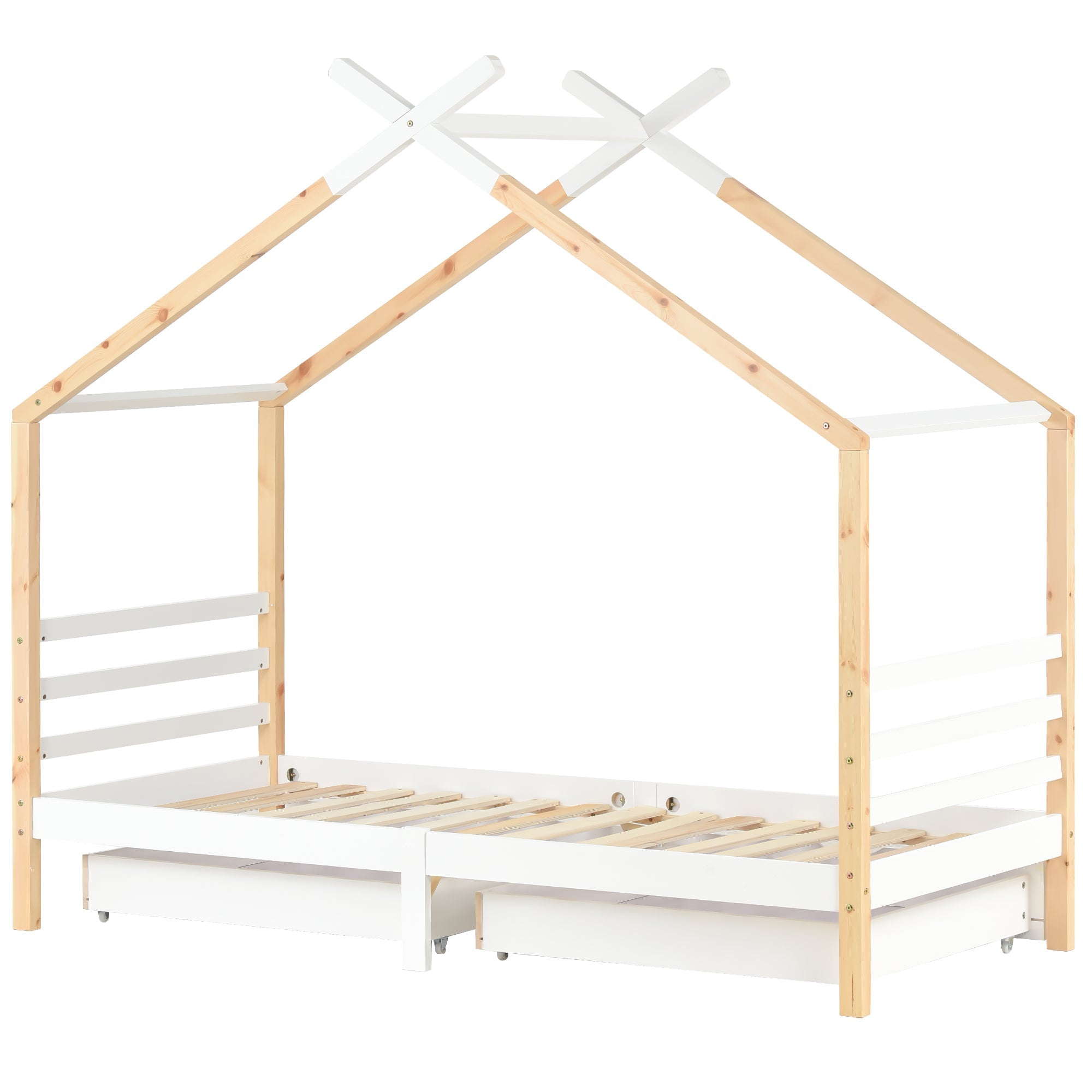 Logidon Kinderhuisbed 90x200 met lades Wit natuurlijk hout