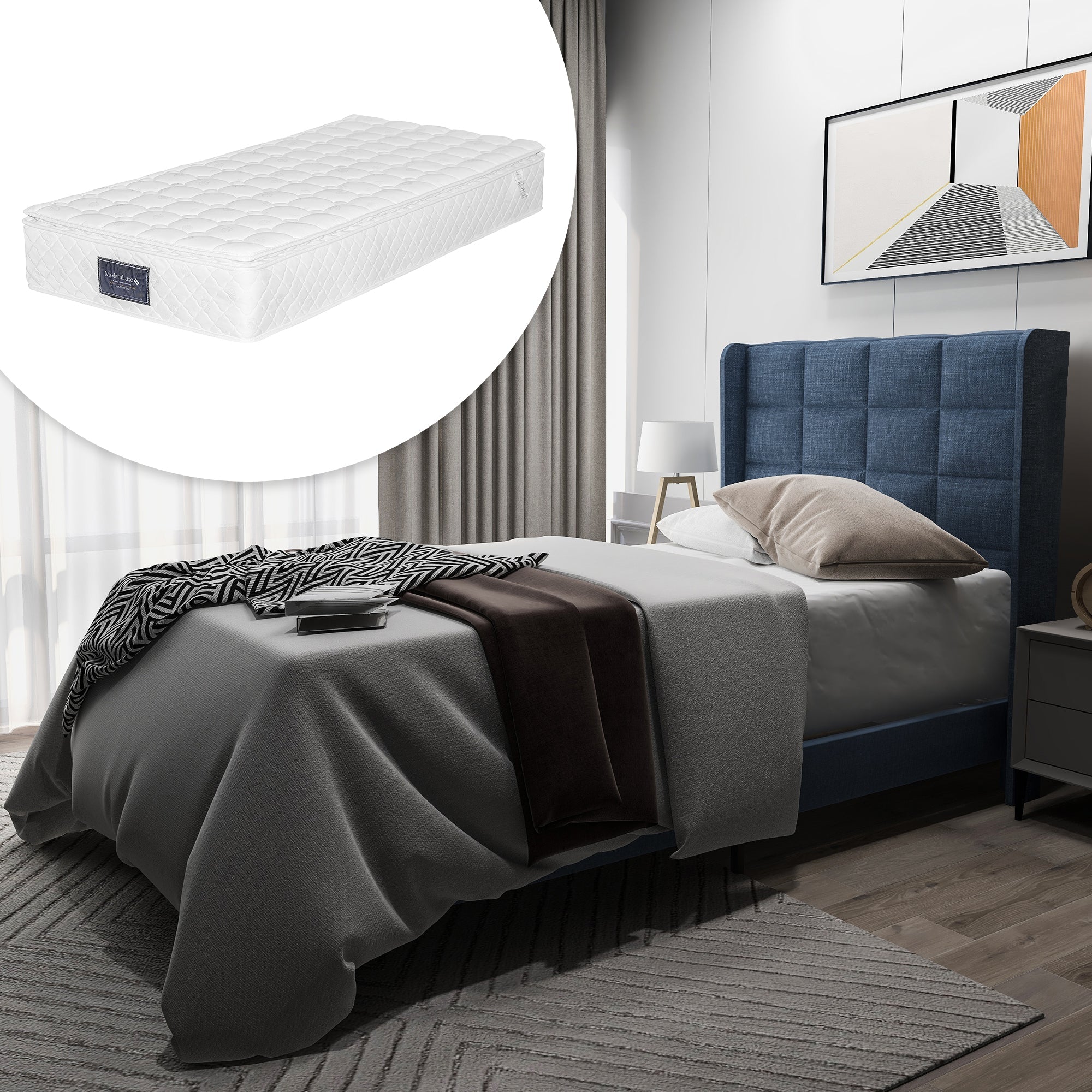 Logidon gestoffeerd bed blauw linnen 90x200 cm met binnenveringsmatras