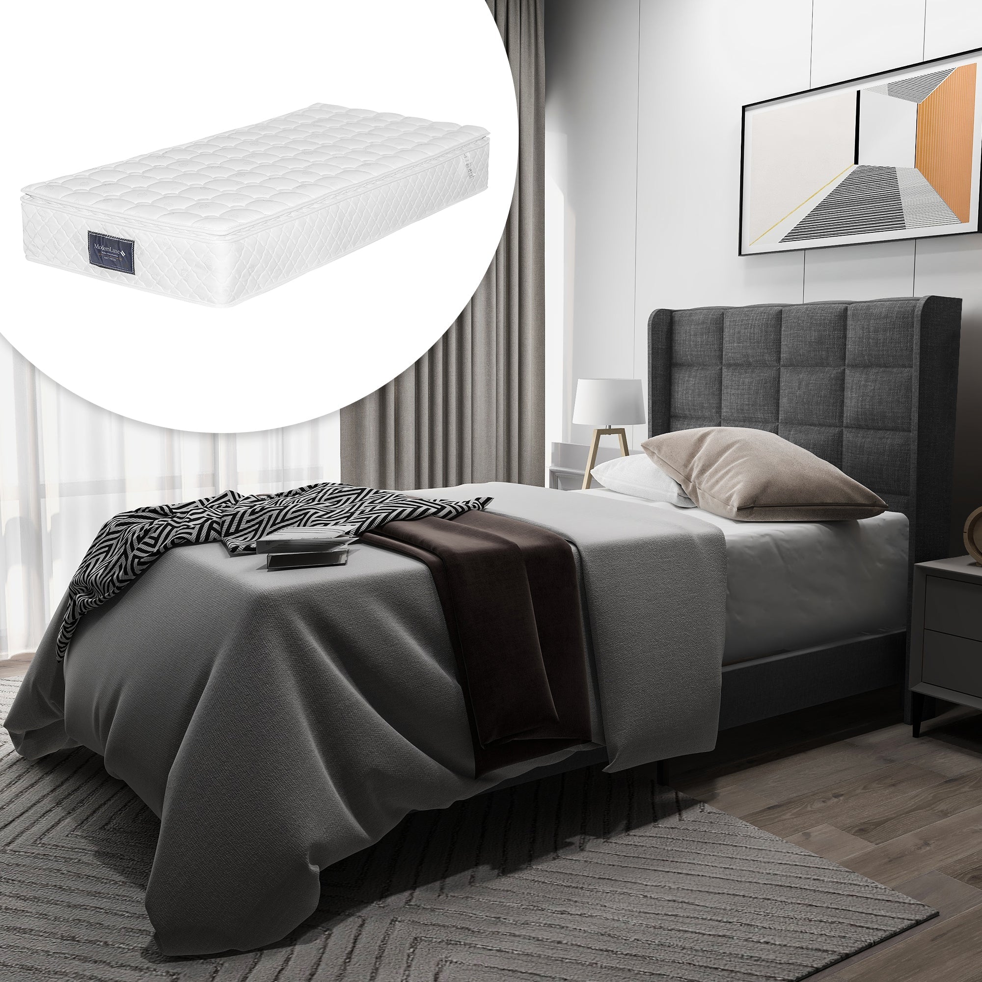 Logidon gestoffeerd bed 90x200 CM grijs linnen met binnenveringsmatras