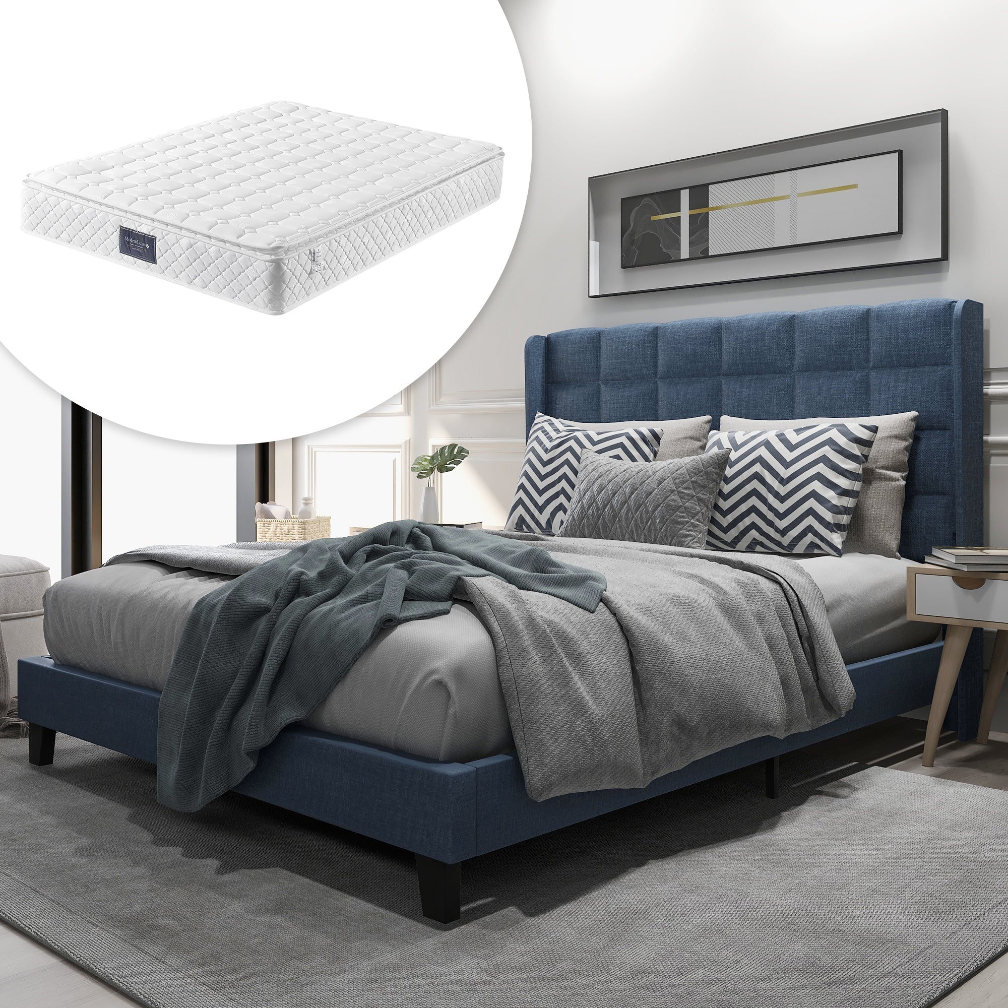 Logidon gestoffeerd bed 140x200 blauw linnen met capehoofdeinde