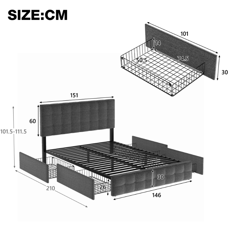 Logidon Gestoffeerd bed 140x200 Grijs met 4 Laden Hoofdbord Verstelbaar
