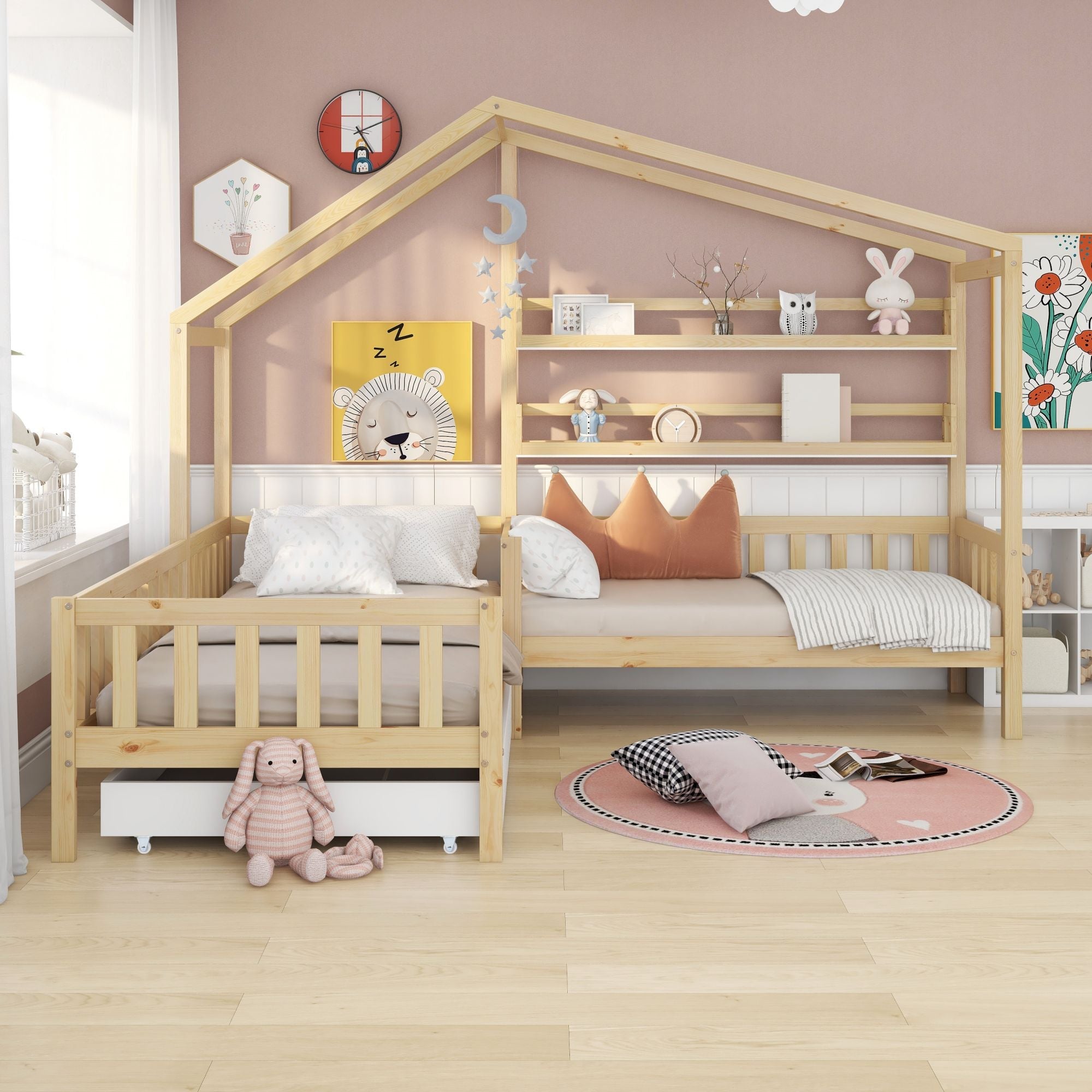 Logidon kinderbedhuisbed met lades en planken 90x200/140x70 cm