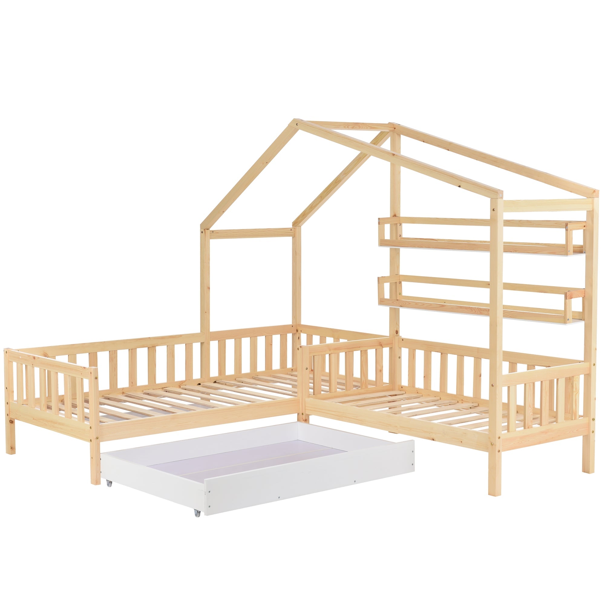 Logidon kinderbedhuisbed met lades en planken 90x200/140x70 cm