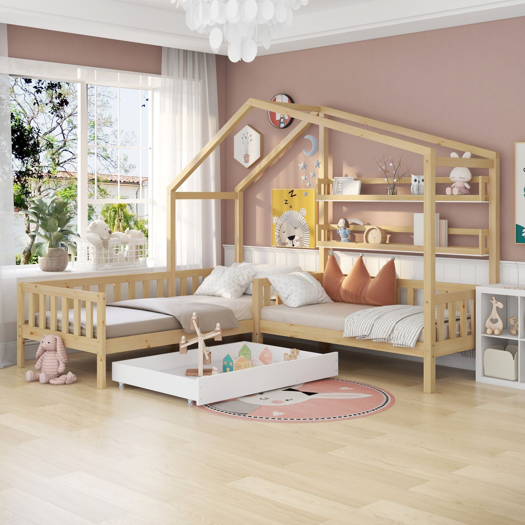 Logidon kinderbedhuisbed met lades en planken 90x200/140x70 cm