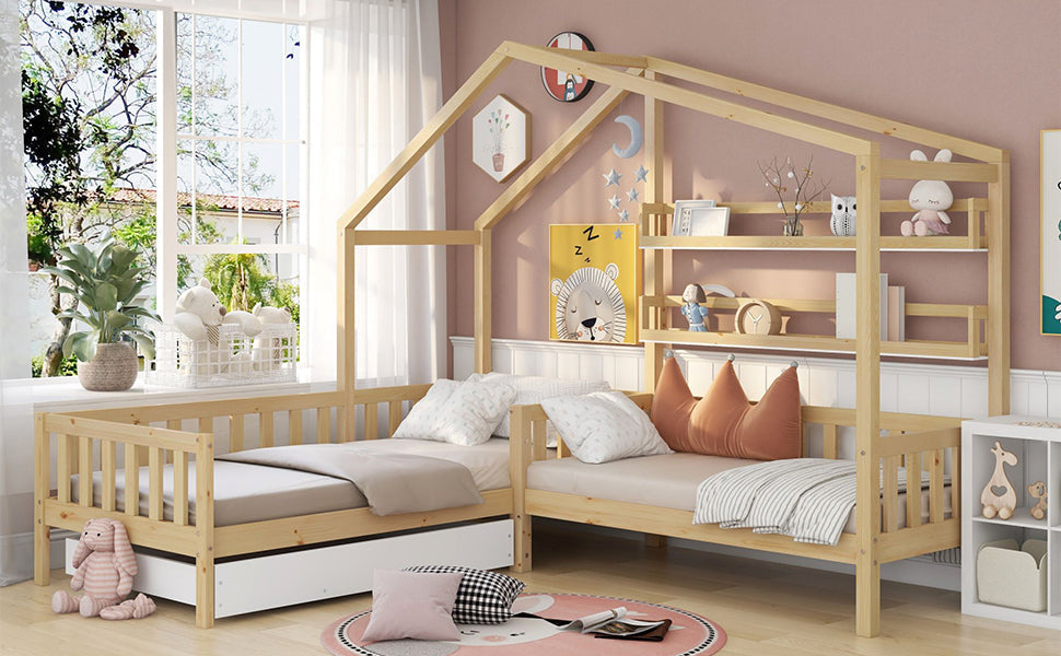 Logidon kinderbedhuisbed met lades en planken 90x200/140x70 cm
