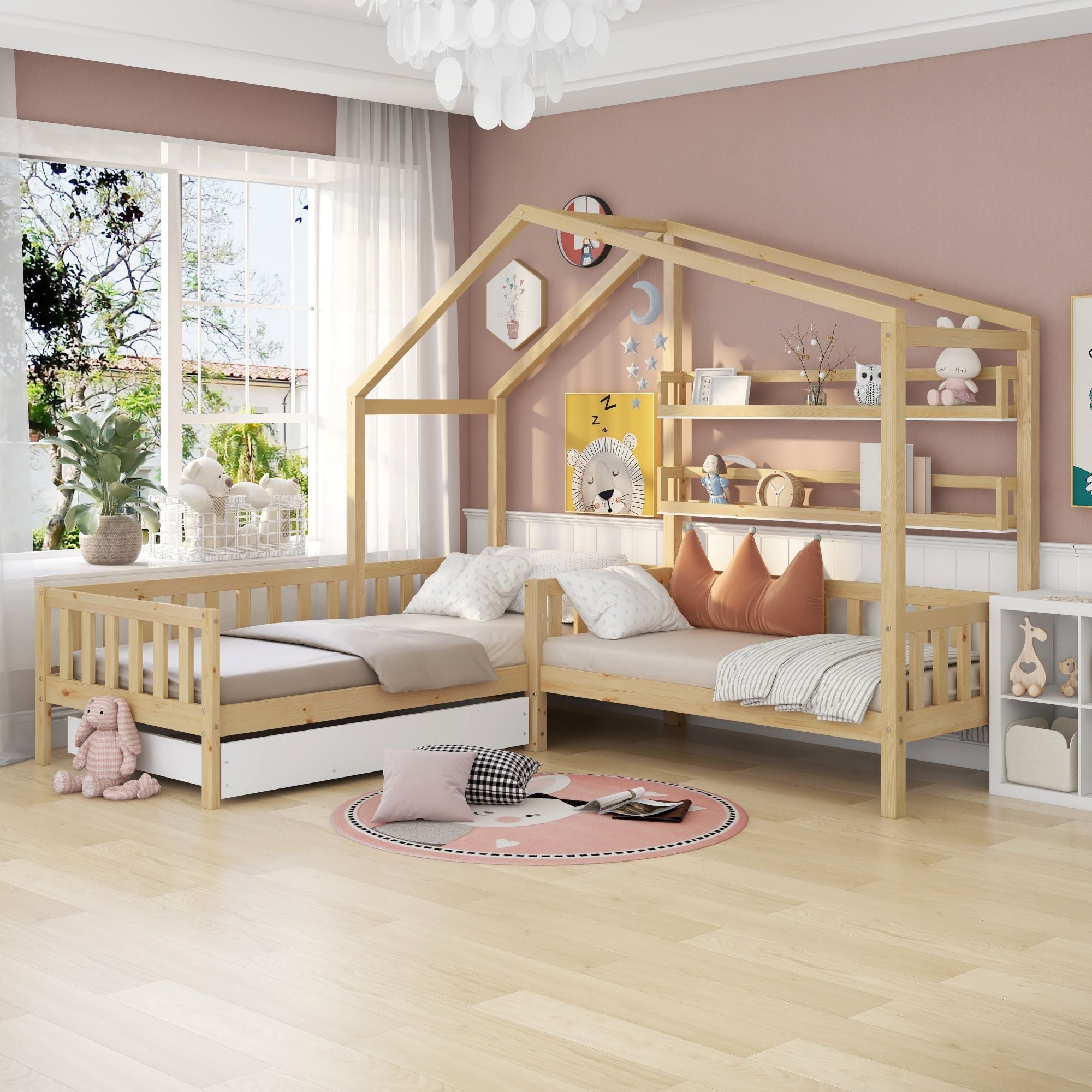 Logidon kinderbedhuisbed met lades en planken 90x200/140x70 cm