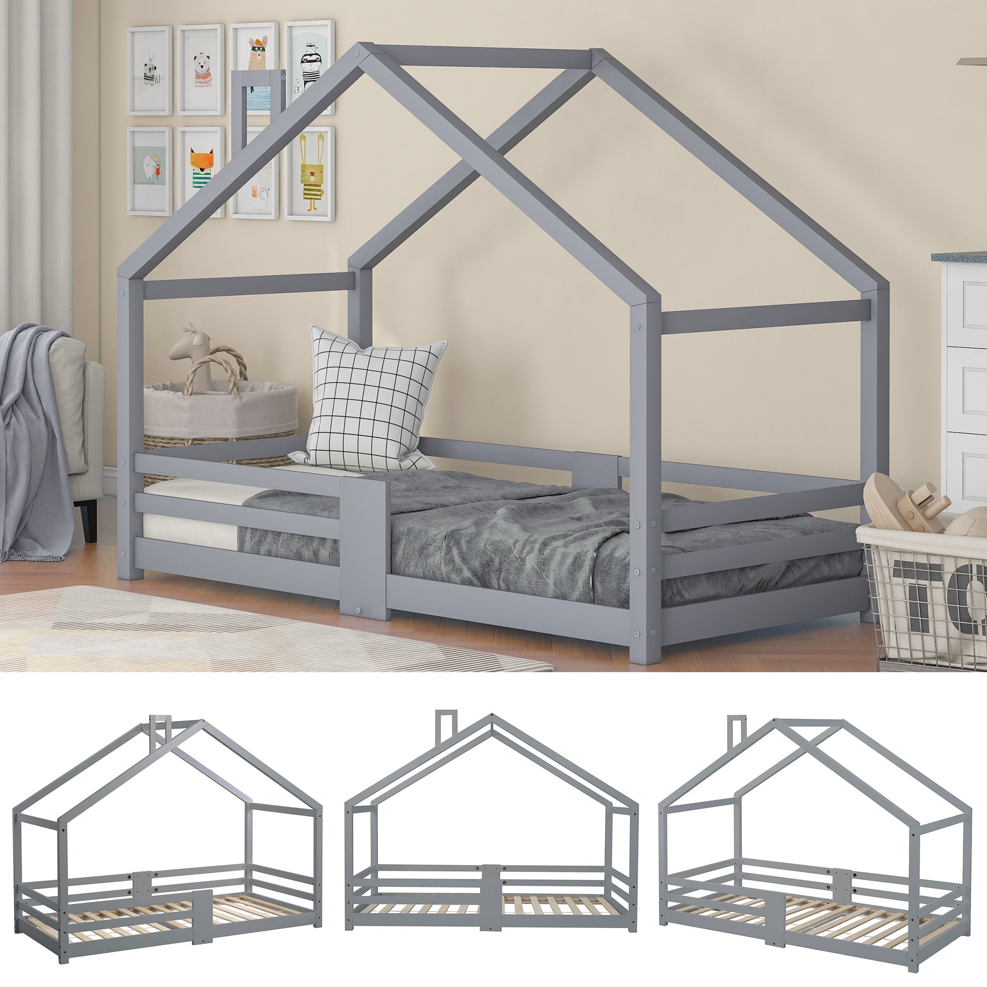 Logidon kinderbed huisbed met schouw grijs 90x200 cm
