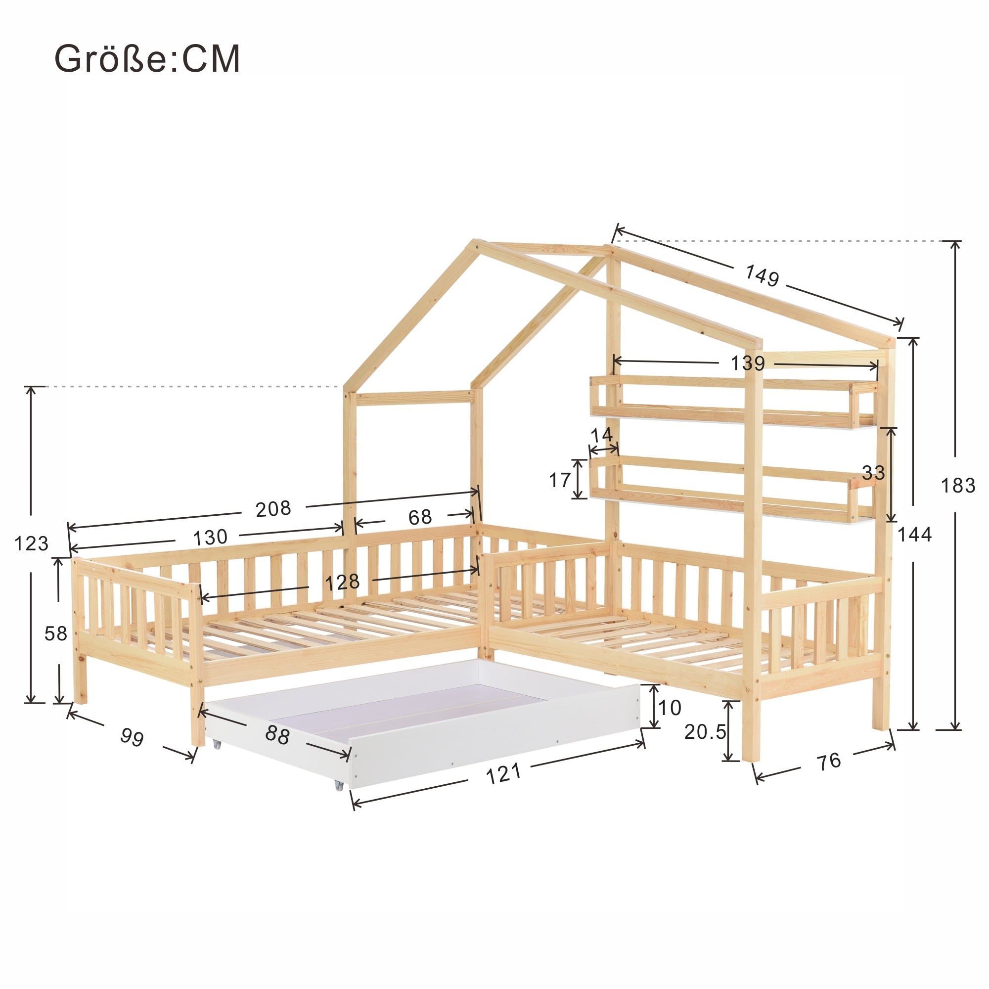 Logidon kinderbedhuisbed met lades en planken 90x200/140x70 cm