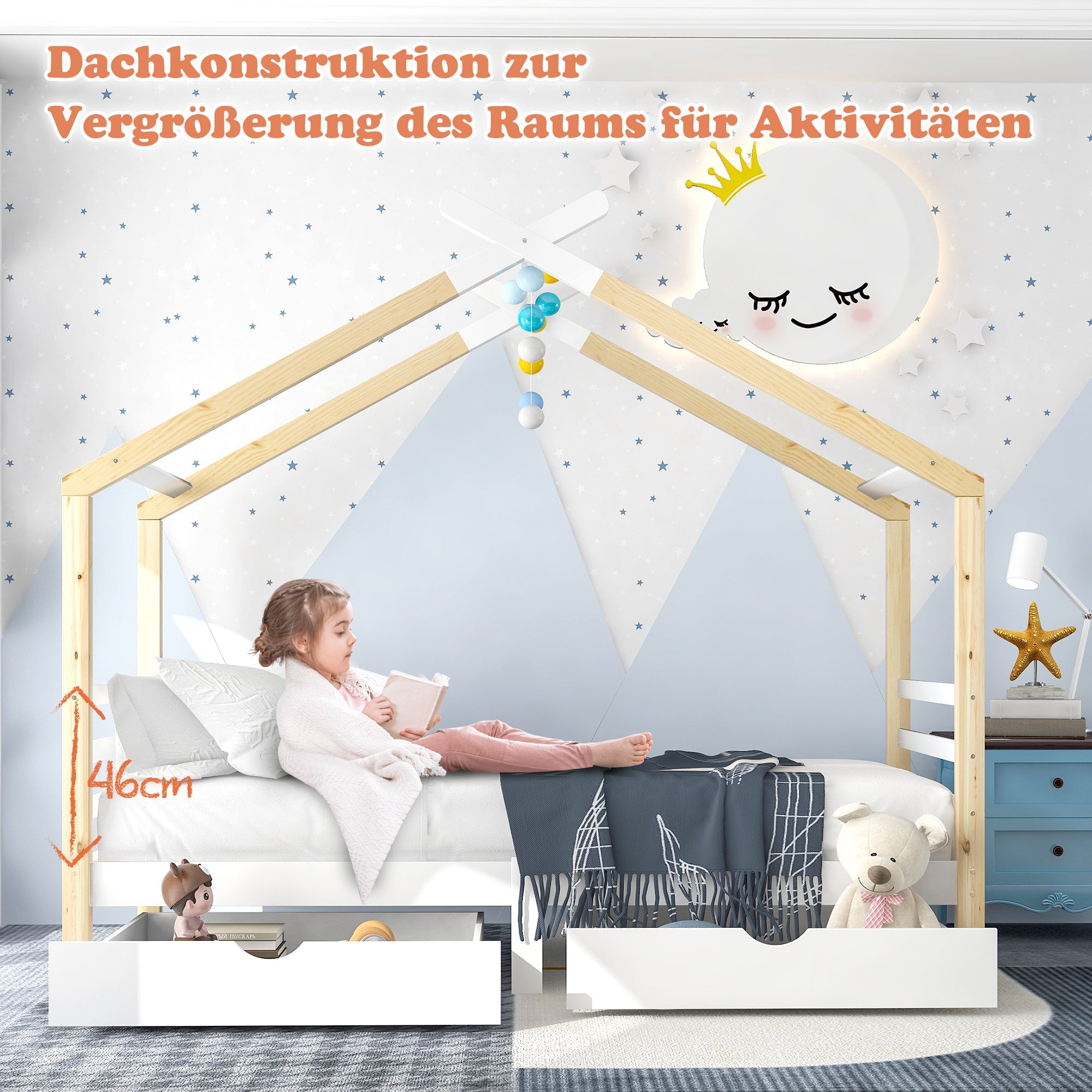 Logidon Kinderhuisbed 90x200 met lades Wit natuurlijk hout