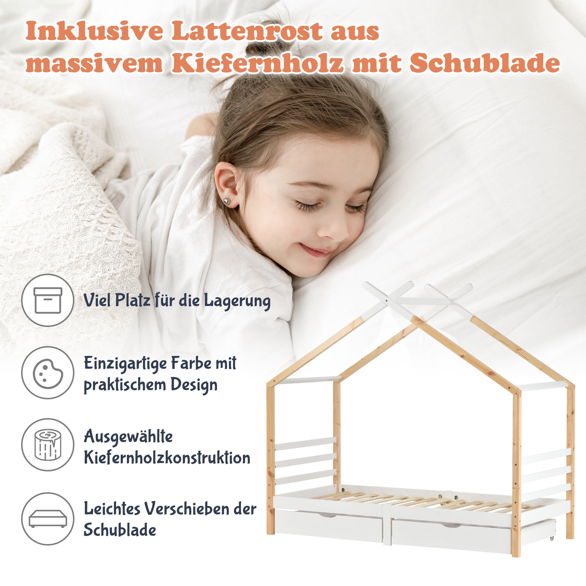 Logidon Kinderhuisbed 90x200 met lades Wit natuurlijk hout