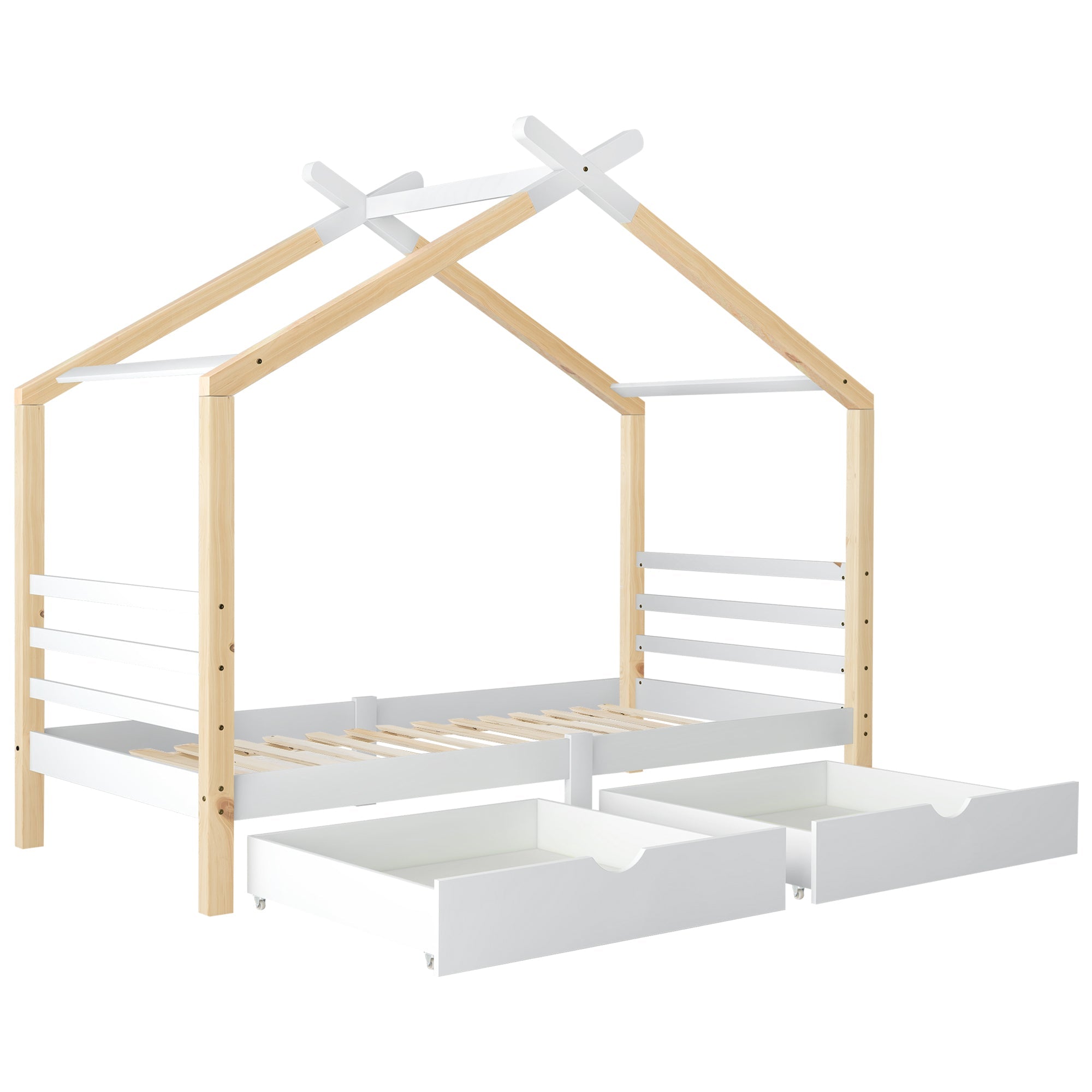 Logidon Kinderhuisbed 90x200 met lades Wit natuurlijk hout