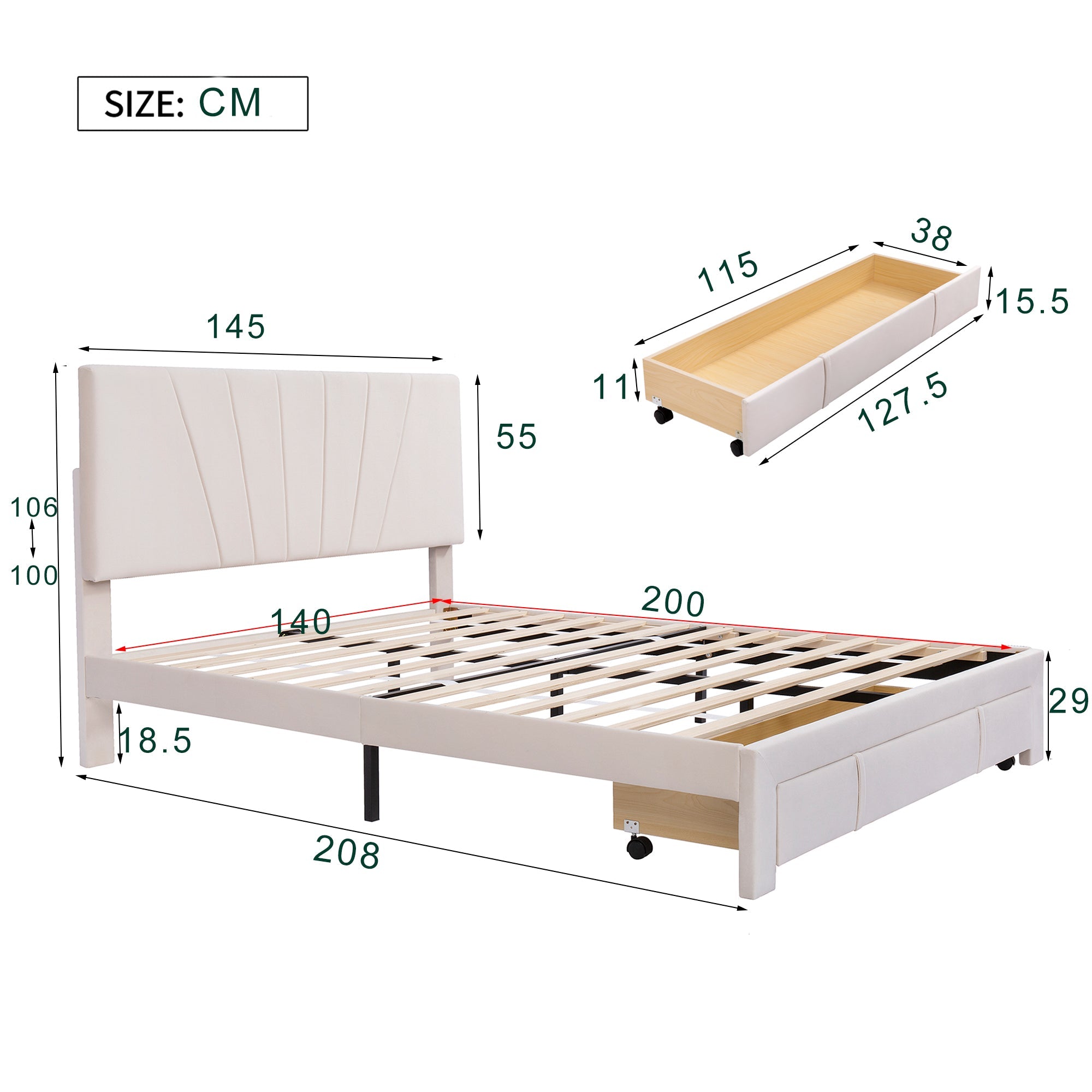 Logidon gestoffeerd bed 140x200 beige fluwelen stof met lattenbodem lade