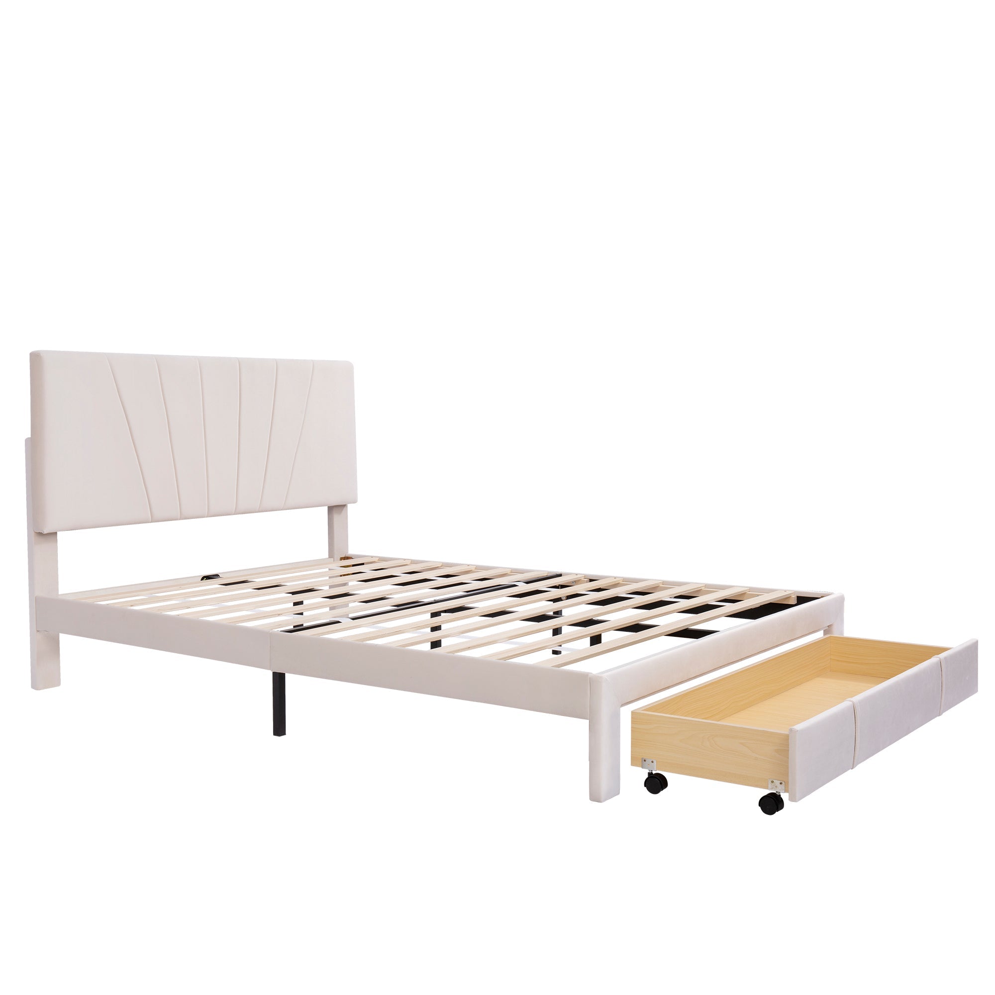Logidon gestoffeerd bed 140x200 beige fluwelen stof met lattenbodem lade