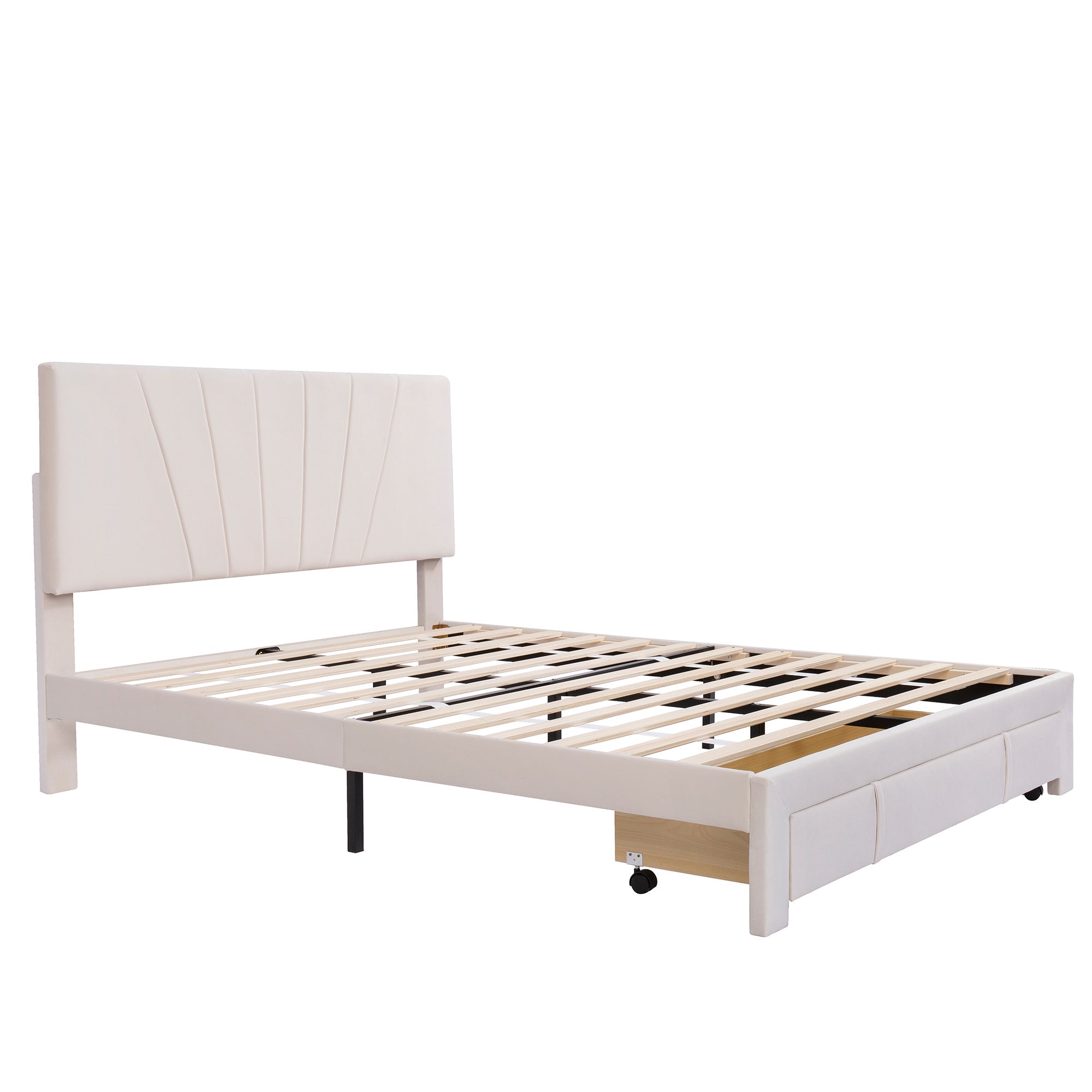 Logidon gestoffeerd bed 140x200 beige fluwelen stof met lattenbodem lade