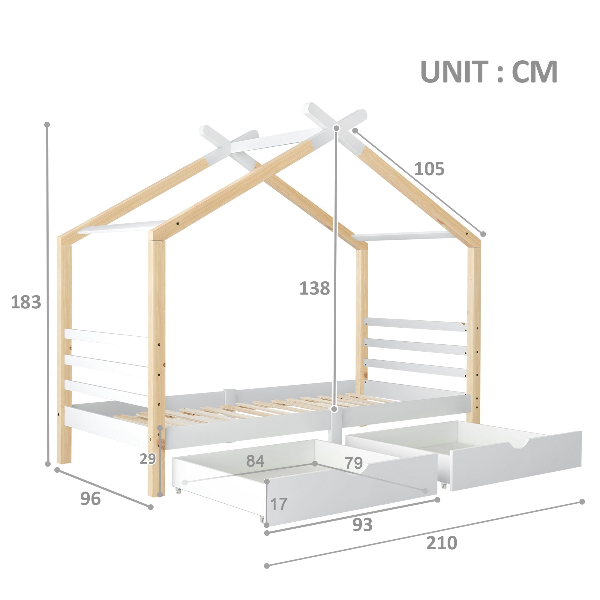 Logidon Kinderhuisbed 90x200 met lades Wit natuurlijk hout